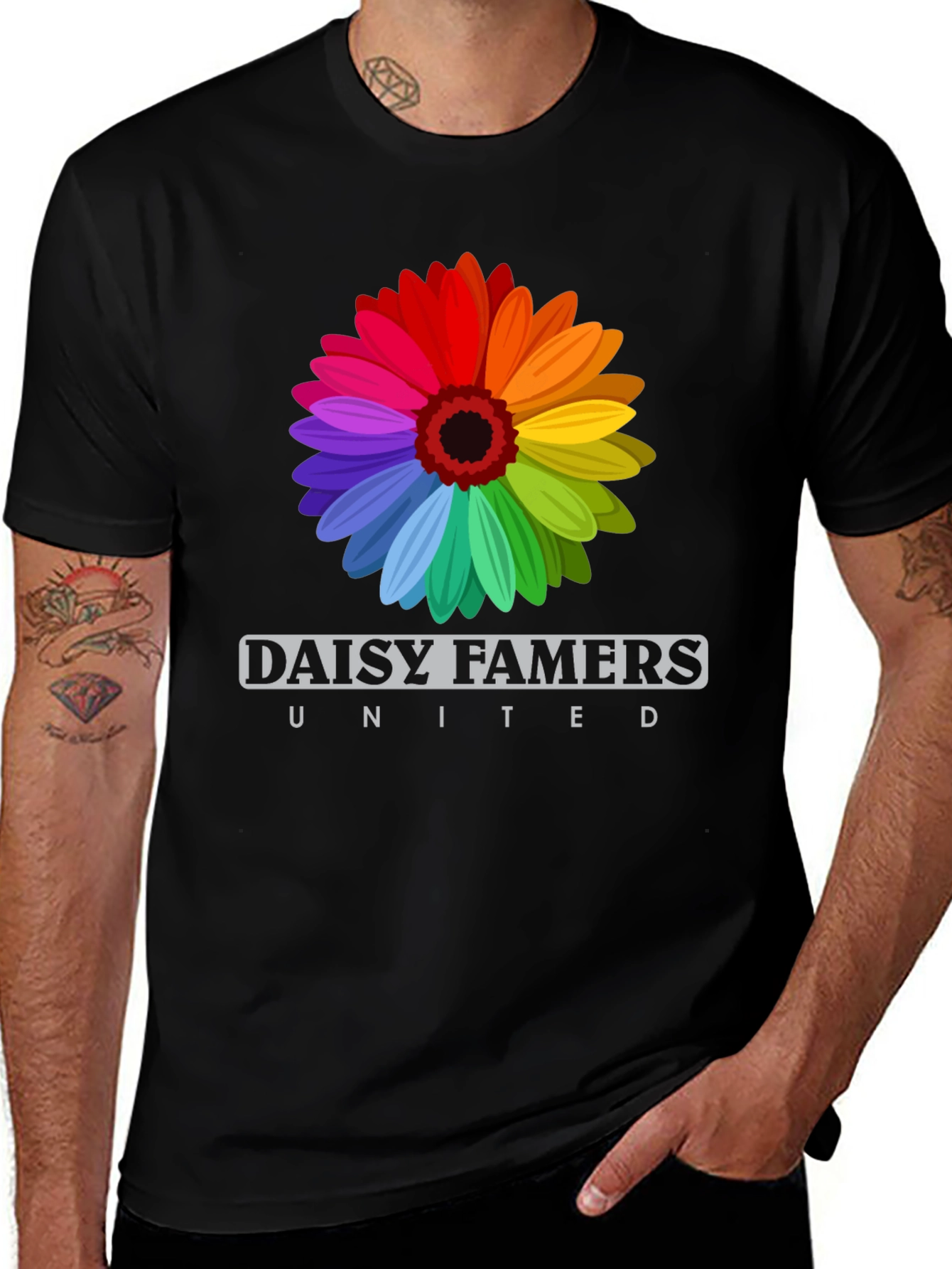 Daisy Famers United Black T-Shirt - Rainbow Flower