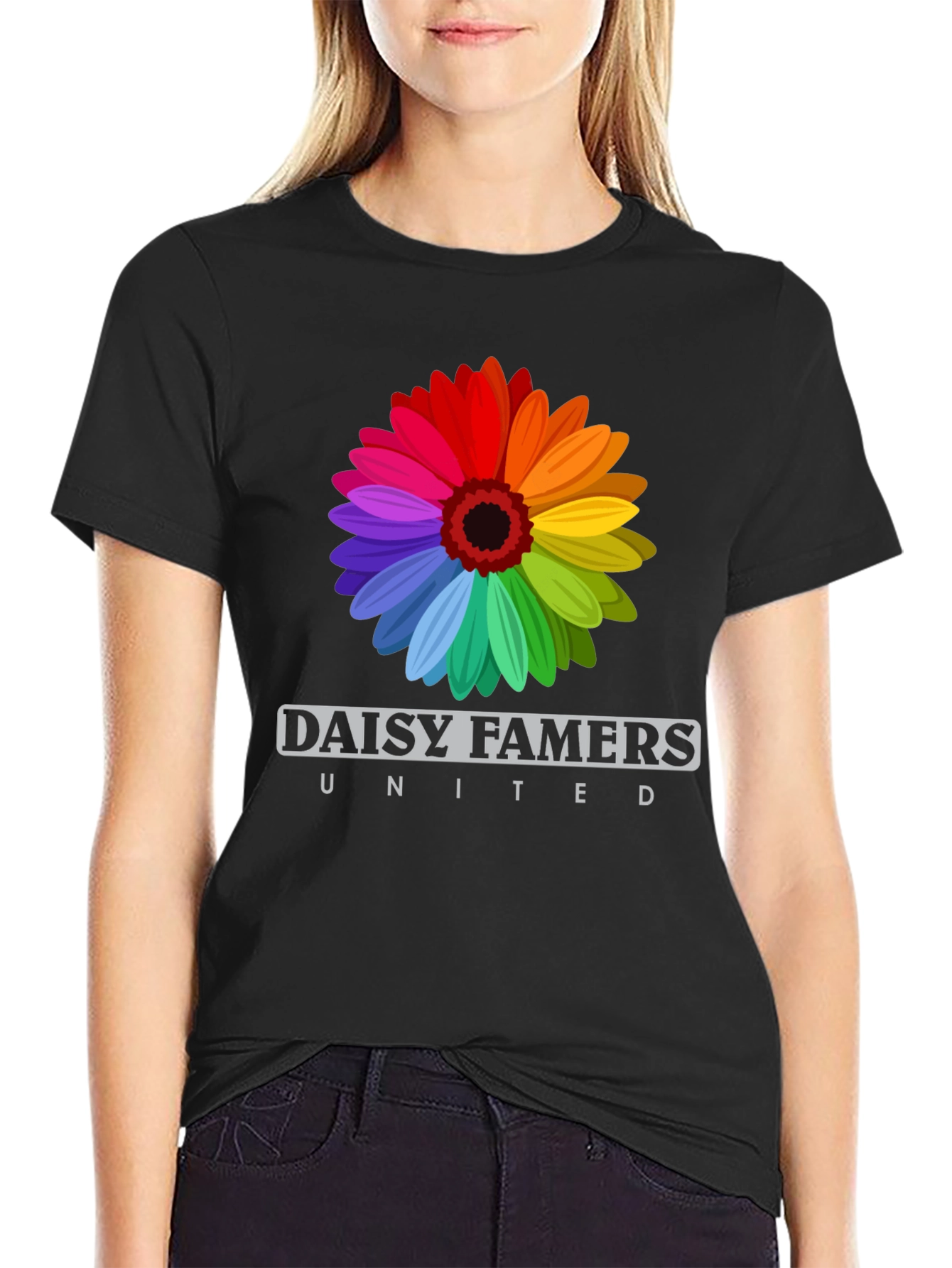 Daisy Famers United Black T-Shirt - Rainbow Flower