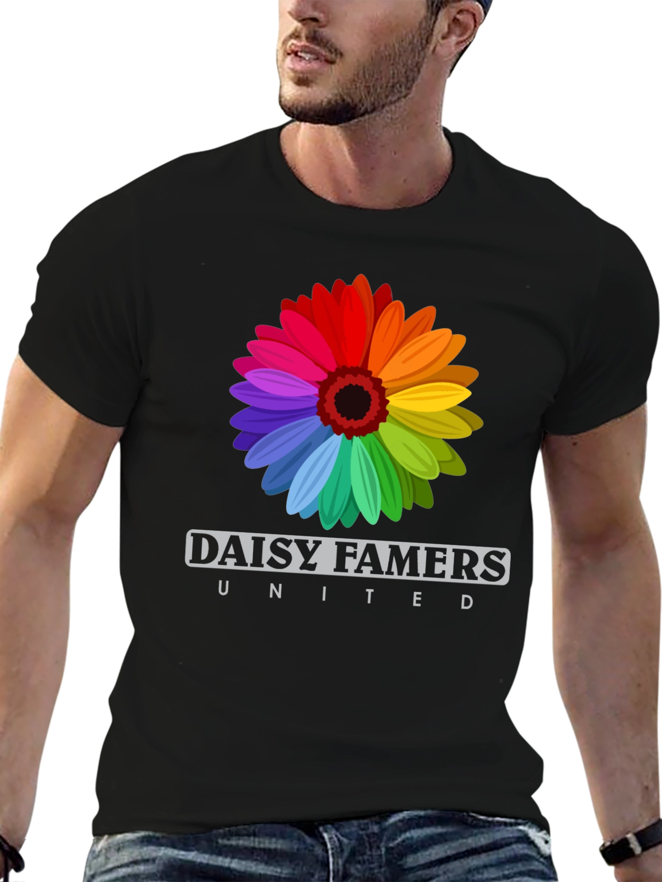 Daisy Famers United Black T-Shirt - Rainbow Flower