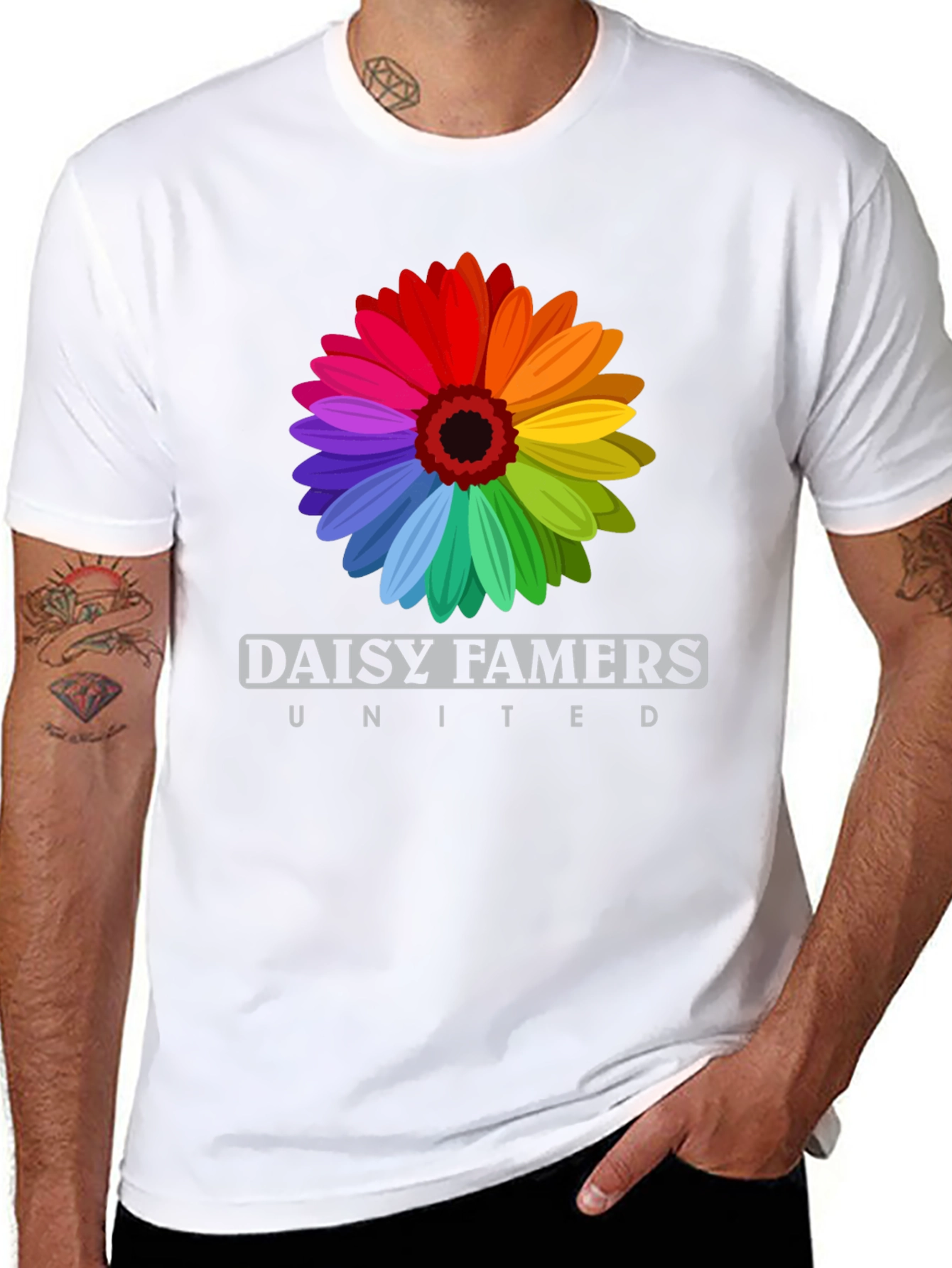 Daisy Famers United Black T-Shirt - Rainbow Flower