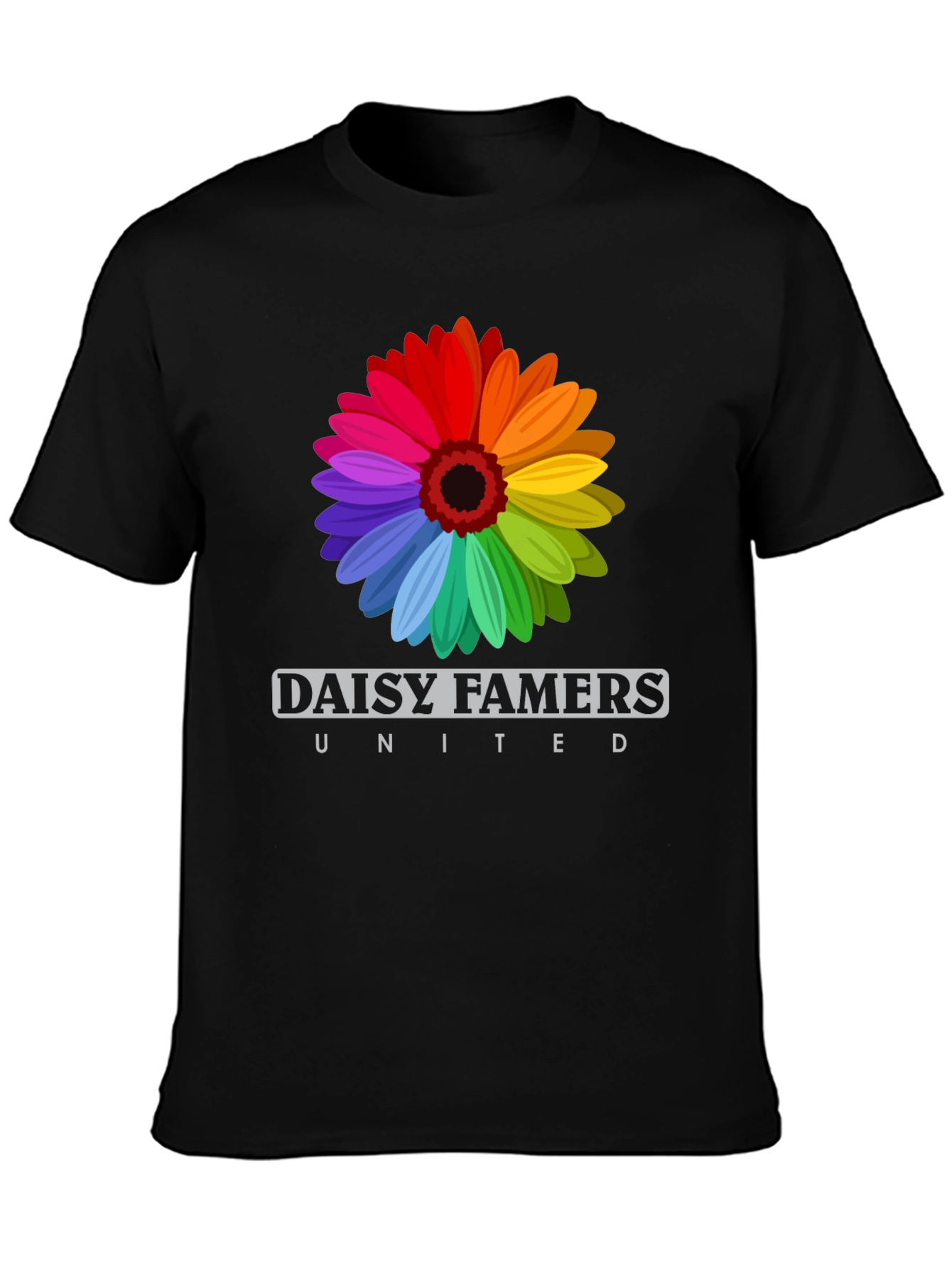 Daisy Famers United Black T-Shirt - Rainbow Flower