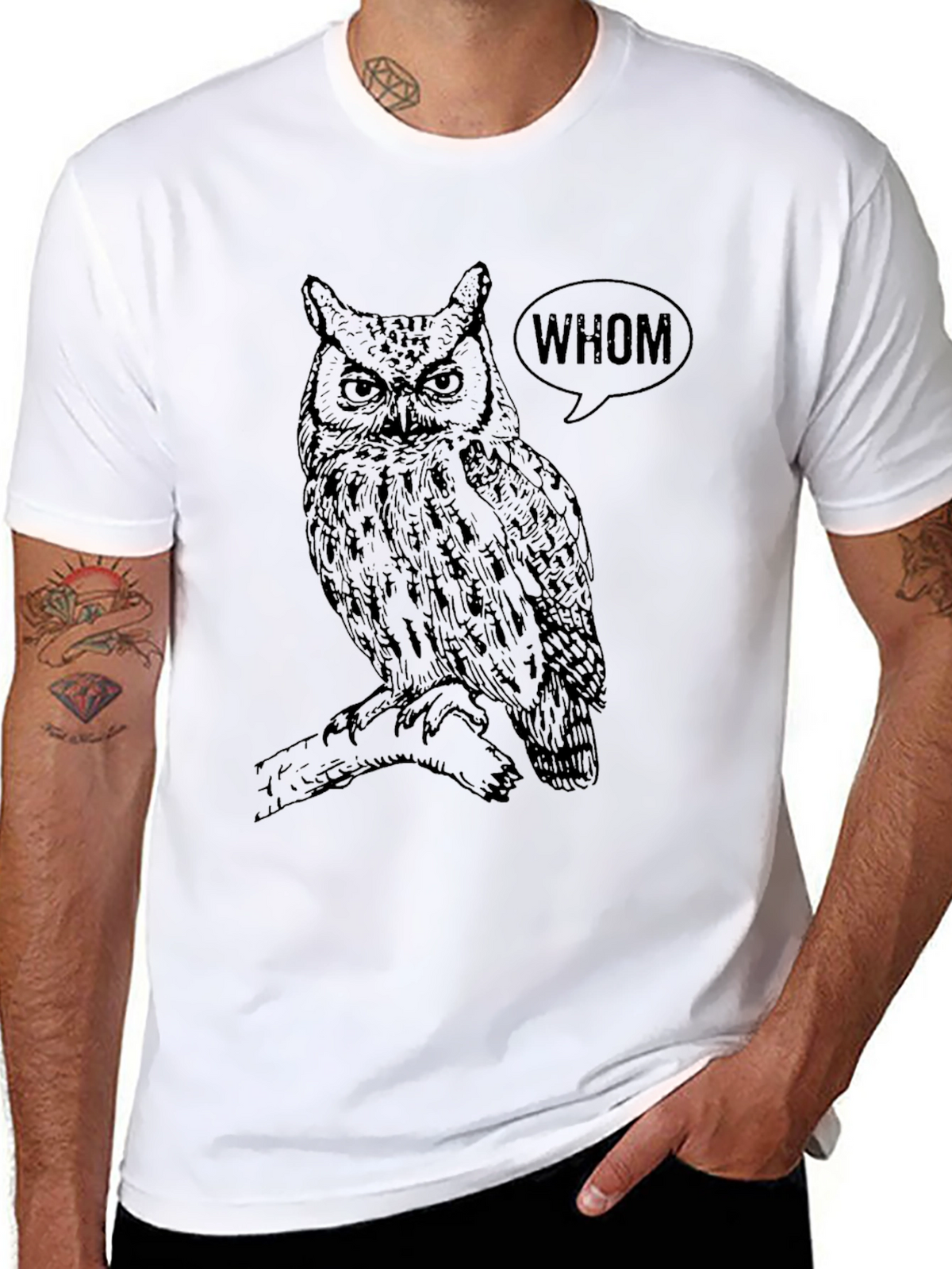 Owl Whom Graphic Print Black T-Shirt