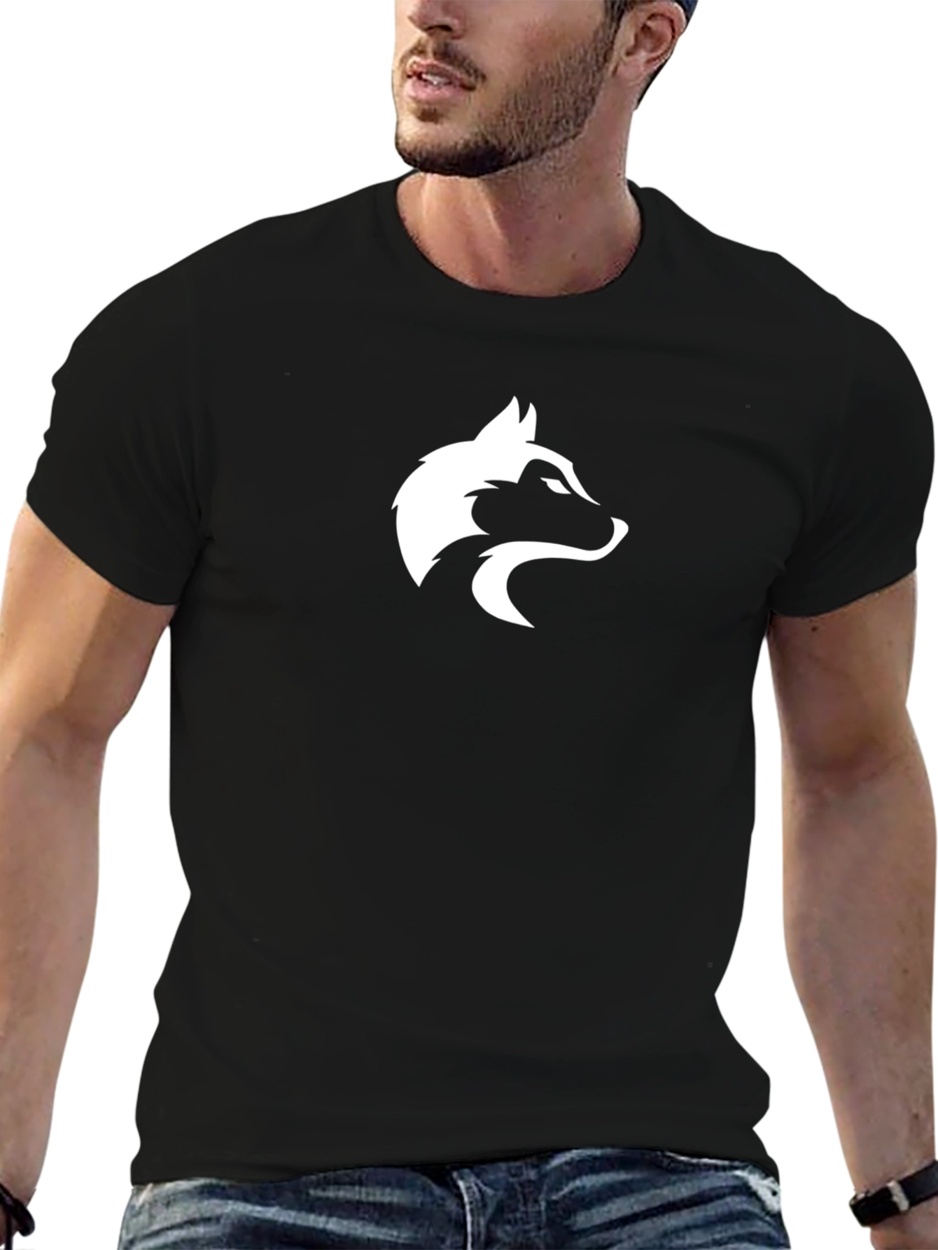 Black T-Shirt with White Wolf Head Graphic