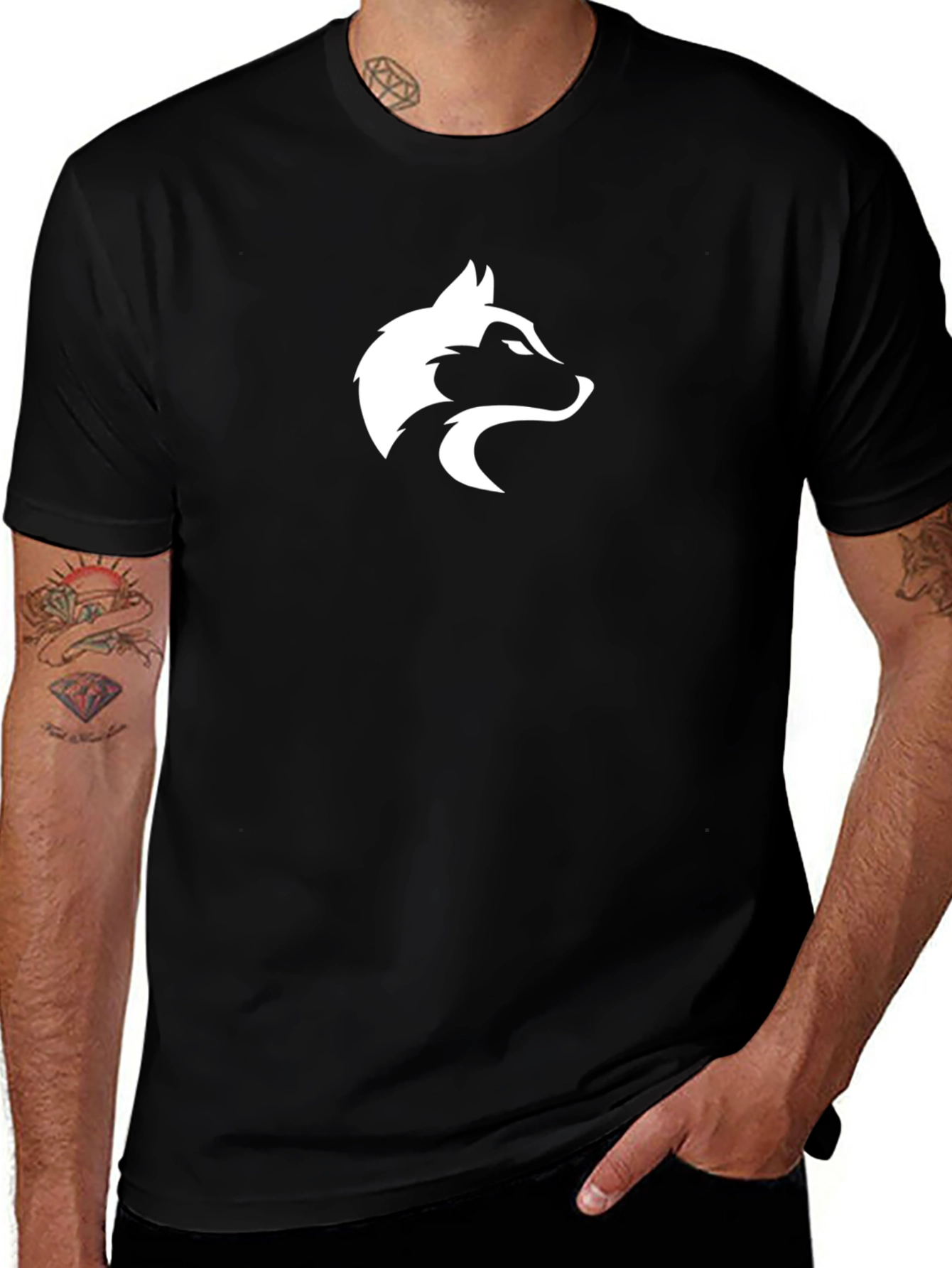Black T-Shirt with White Wolf Head Graphic