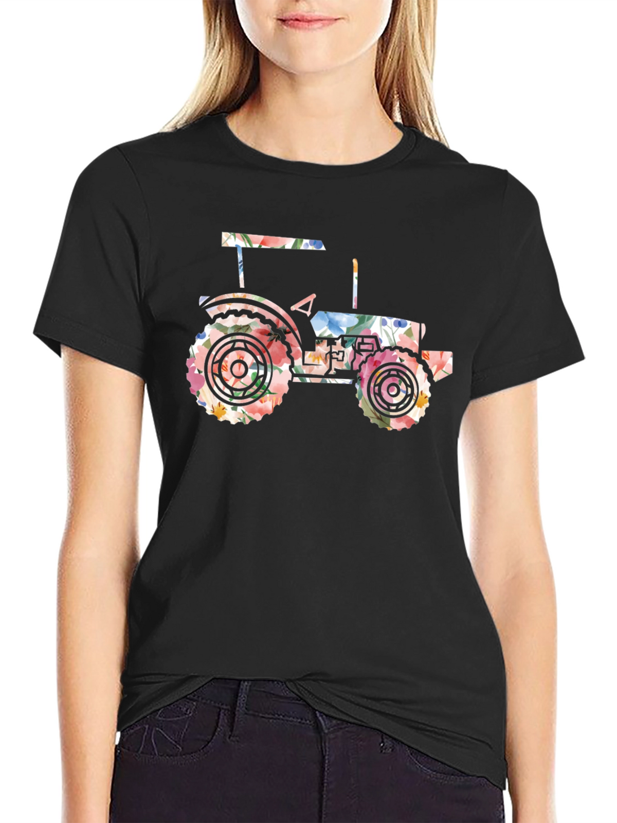 Floral Tractor Graphic Tee - Black Cotton