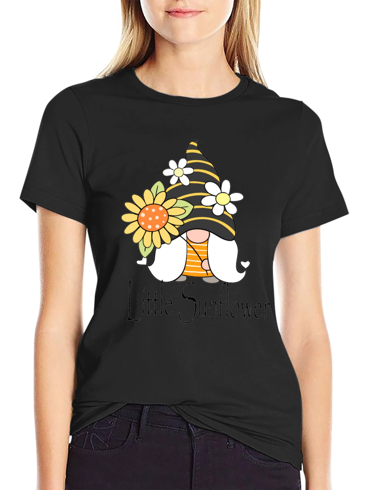 Little Sunflower Gnome Black T-Shirt