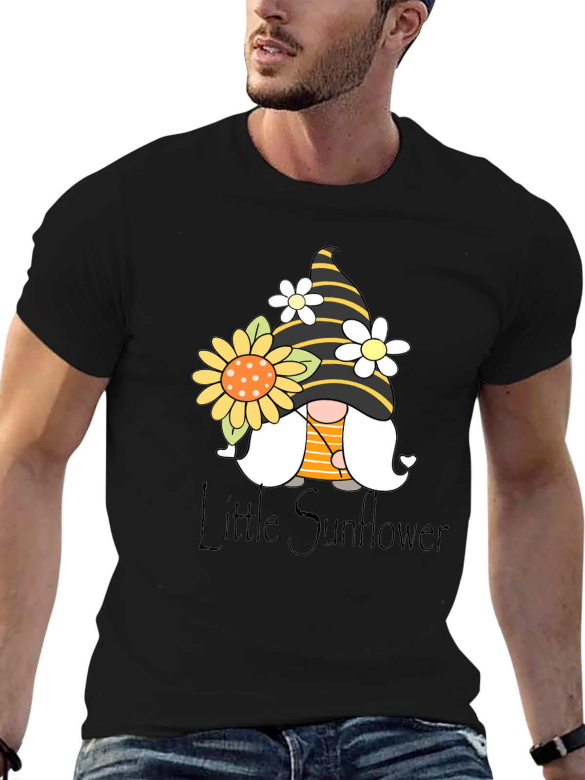 Little Sunflower Gnome Black T-Shirt