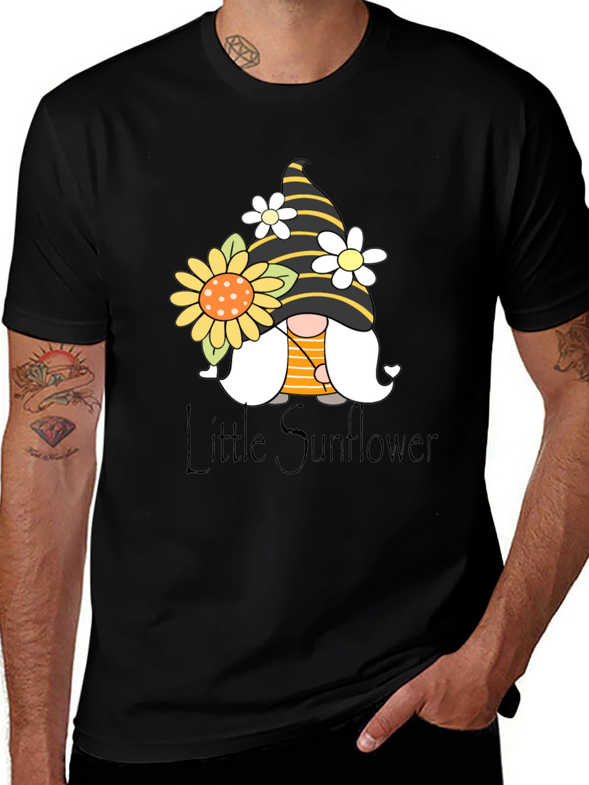 Little Sunflower Gnome Black T-Shirt