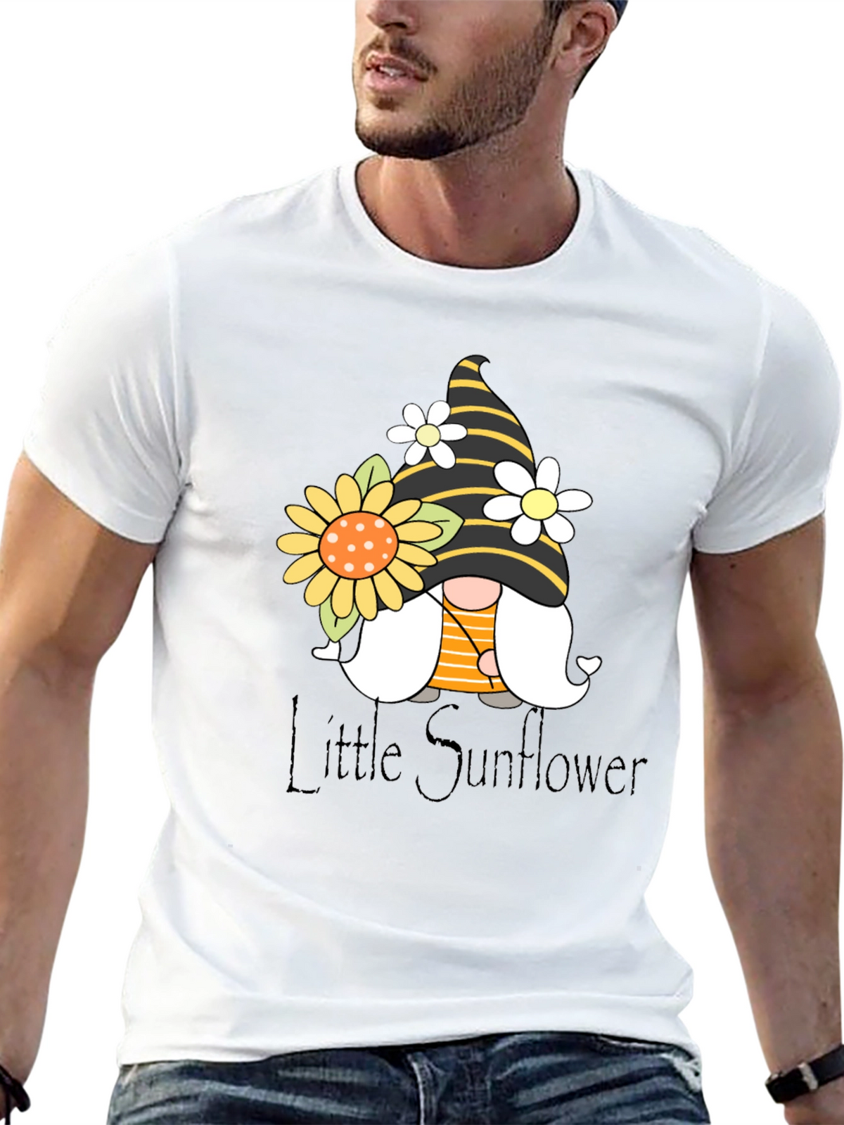 Little Sunflower Gnome Black T-Shirt