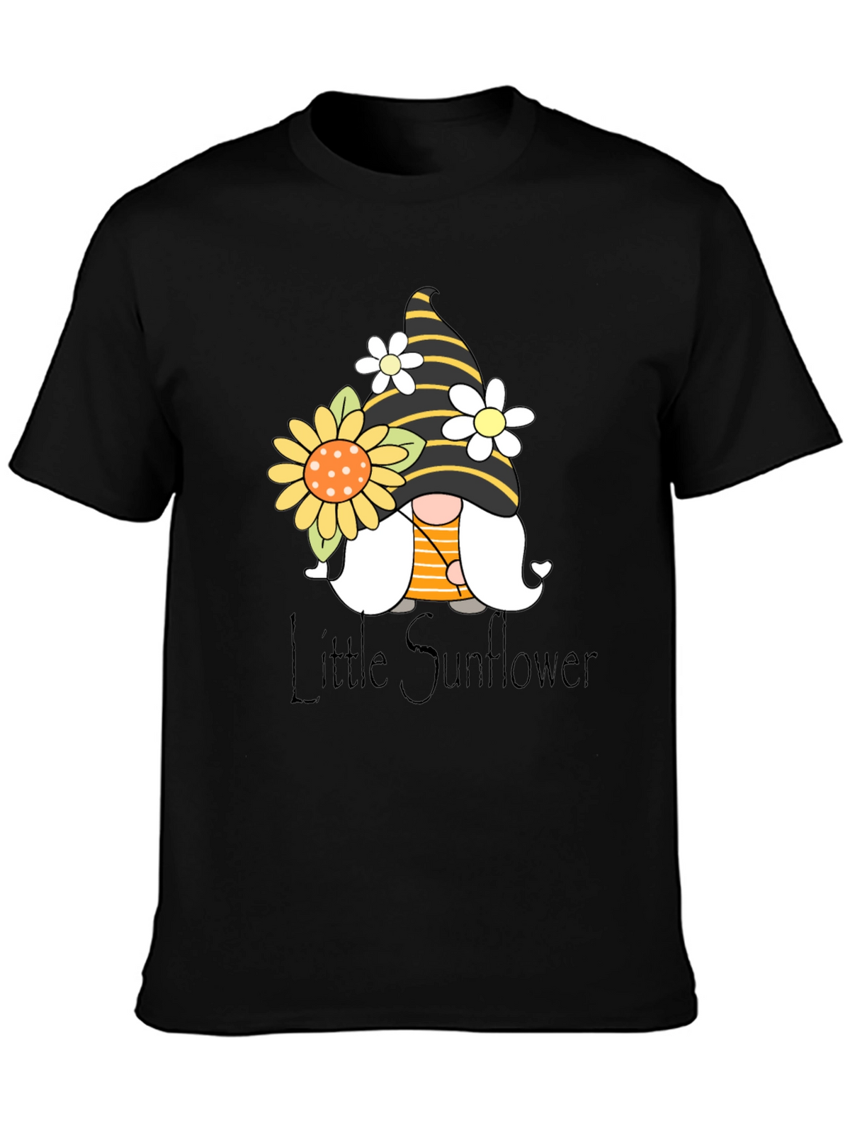 Little Sunflower Gnome Black T-Shirt