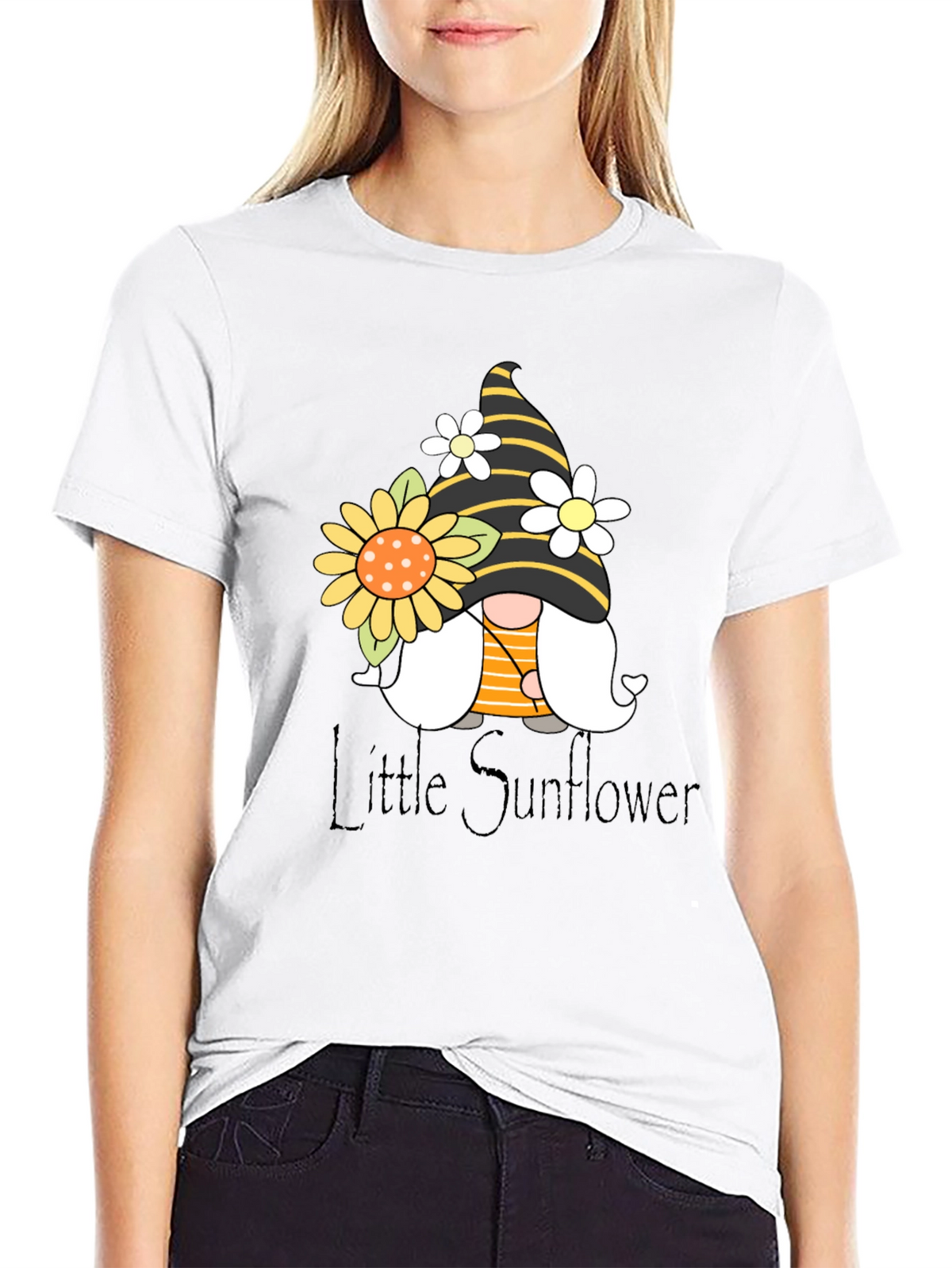 Little Sunflower Gnome Black T-Shirt