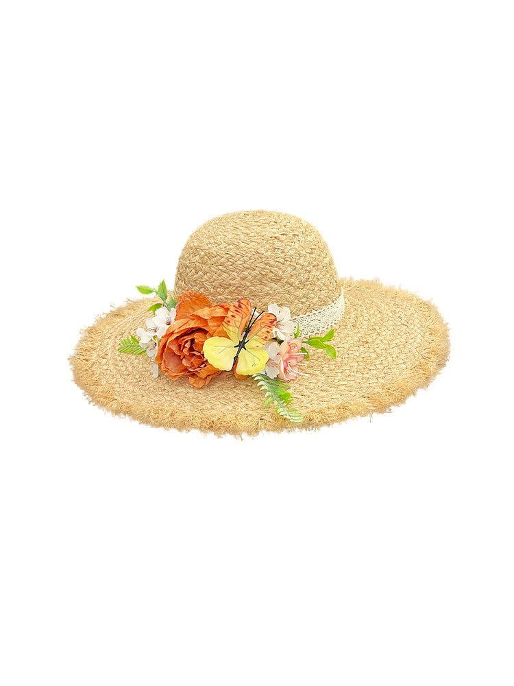 Women's Wide Brim Frayed Edge Raffia Straw Sun Hat with Floral and Butterfly Decoration, Tie Straps