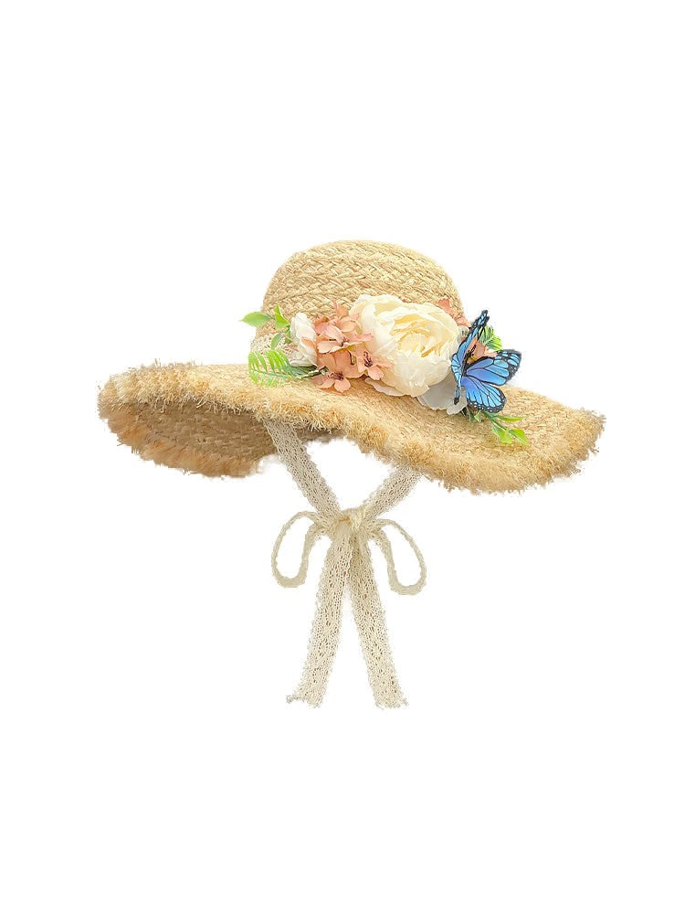Women's Wide Brim Frayed Edge Raffia Straw Sun Hat with Floral and Butterfly Decoration, Tie Straps