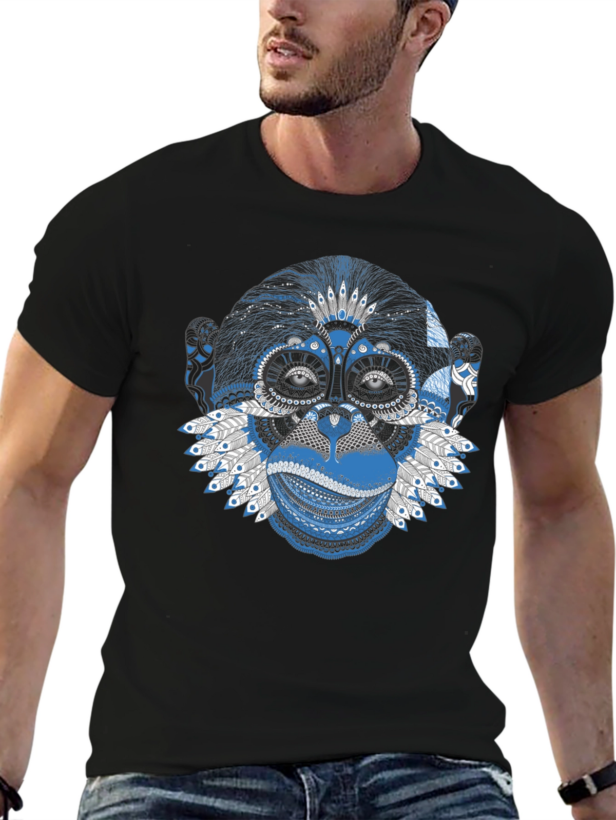 Tribal Monkey Graphic Tee - Stylish Mens Black T-Shirt
