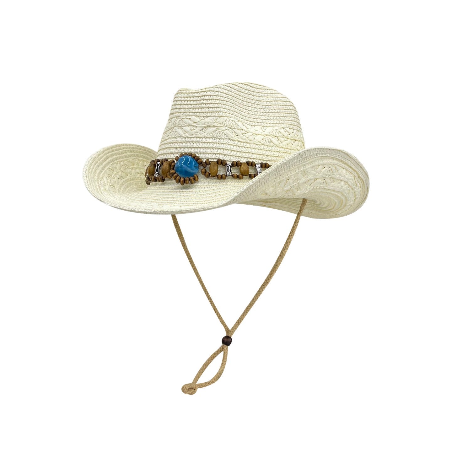 Straw Cowboy Hat with Beaded Band and Adjustable Chin Strap, Unisex Summer Sun Hat, Panama Jazz Style, 56-58cm Head Circumference