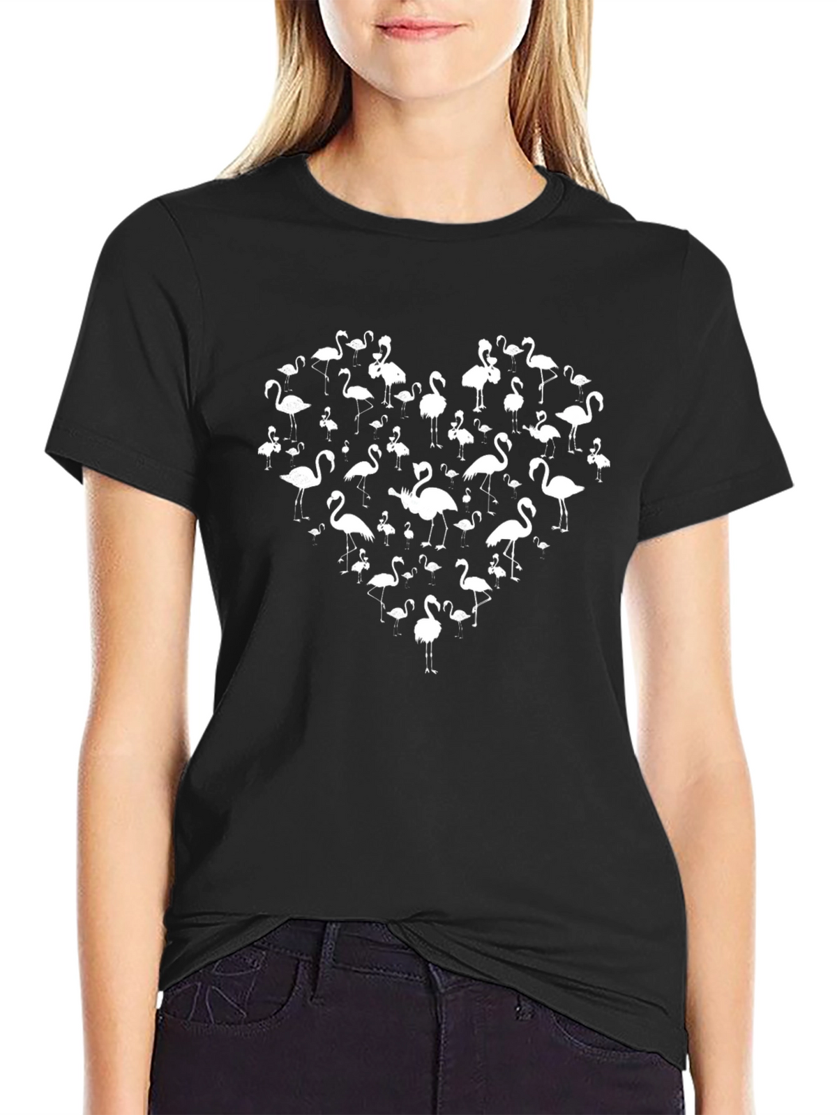 Flamingo Heart Graphic Tee - Black Unisex T-Shirt