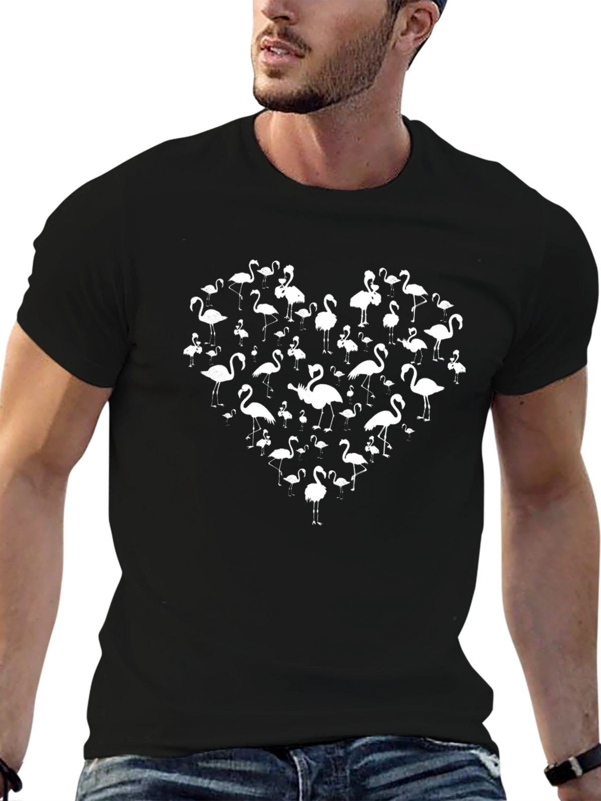 Flamingo Heart Graphic Tee - Black Unisex T-Shirt