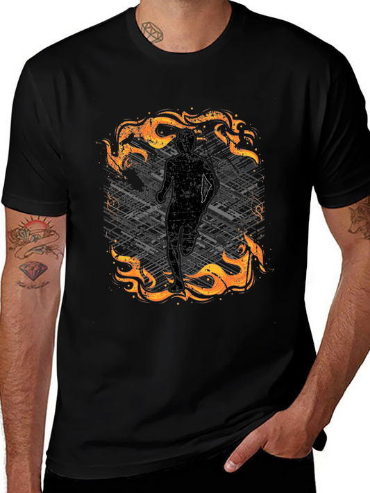 Mens Black Graphic Tee - Running in Flames Design