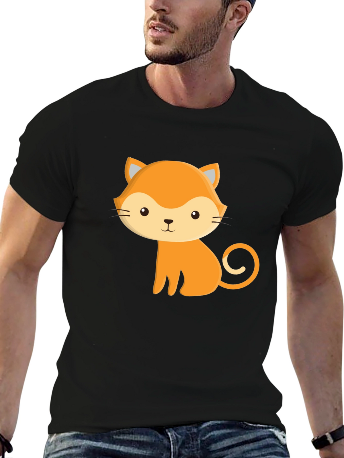 Cute Cartoon Fox Graphic Black T-Shirt