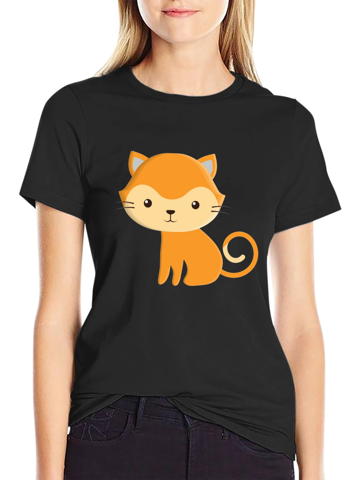 Cute Cartoon Fox Graphic Black T-Shirt