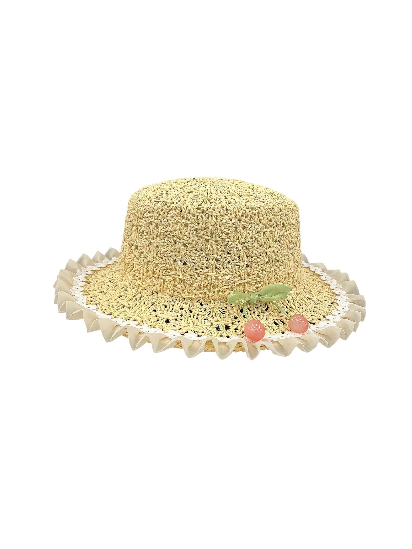 Women's Flat Top Straw Hat with Ruffled Brim and Cherry Detail for Sun Protection