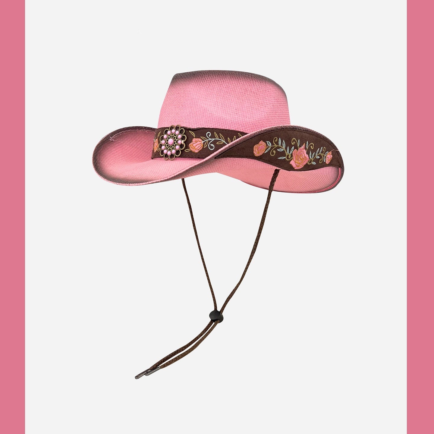 Trendy Pink Embroidered Floral Straw Cowboy Hat for Women