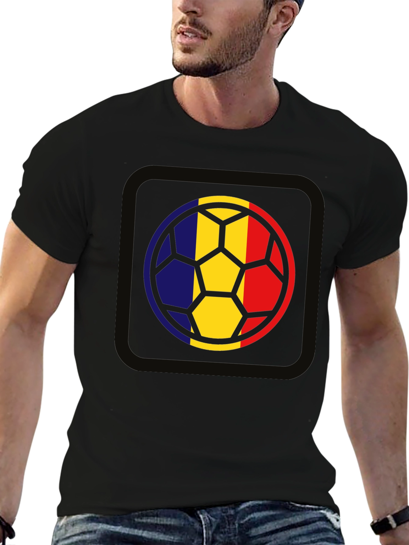 Romania Flag Soccer Ball Graphic Tee - Black