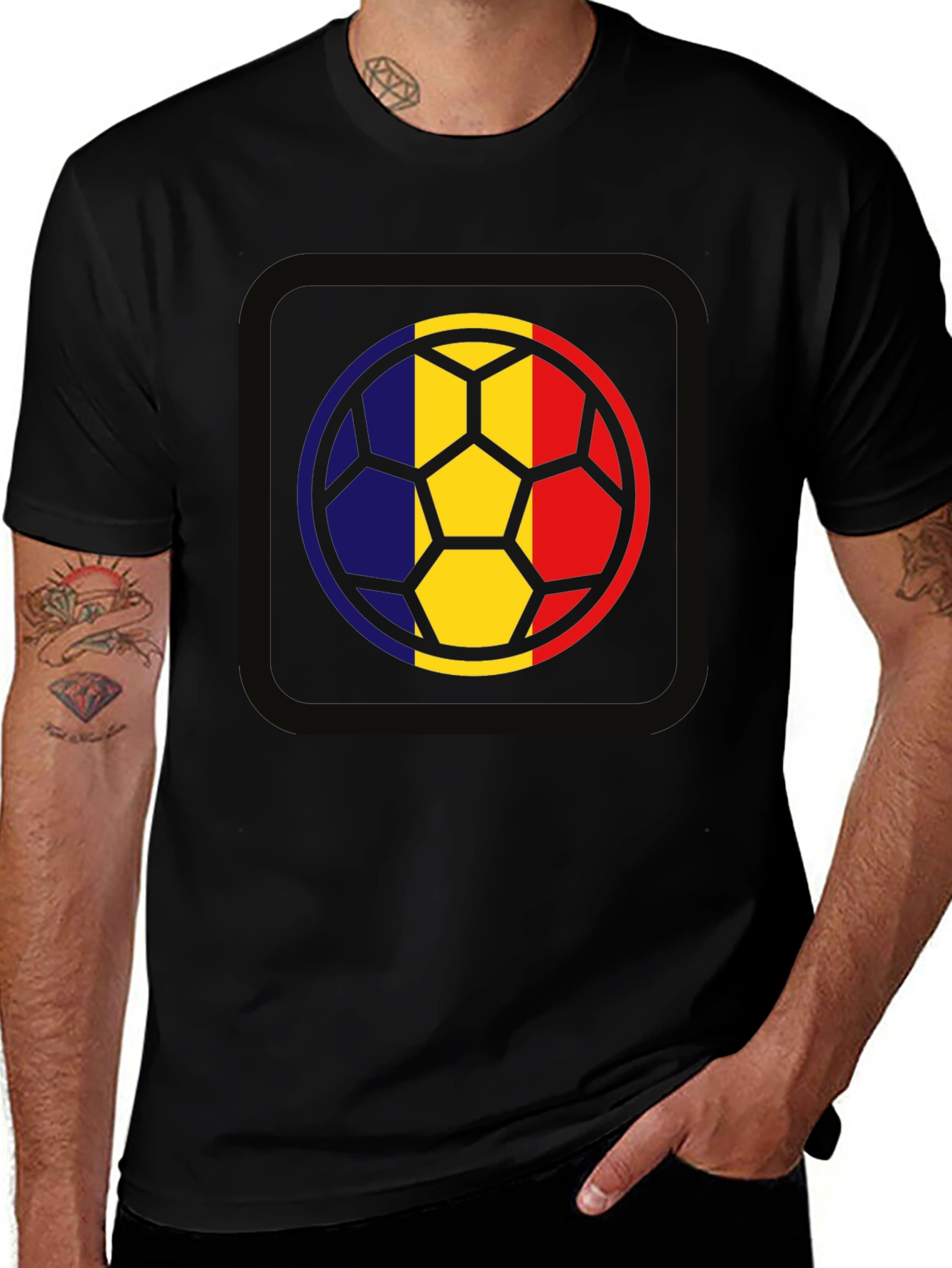 Romania Flag Soccer Ball Graphic Tee - Black