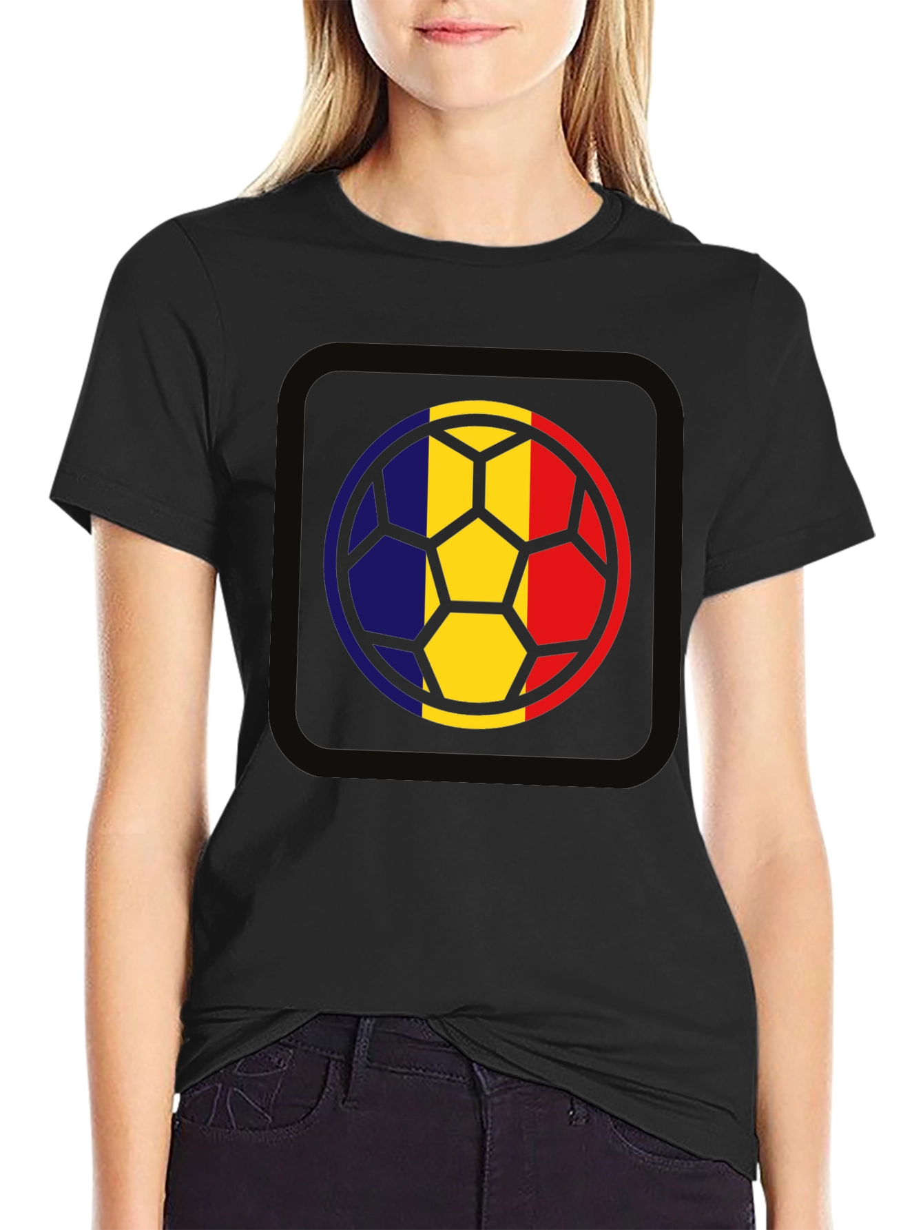 Romania Flag Soccer Ball Graphic Tee - Black