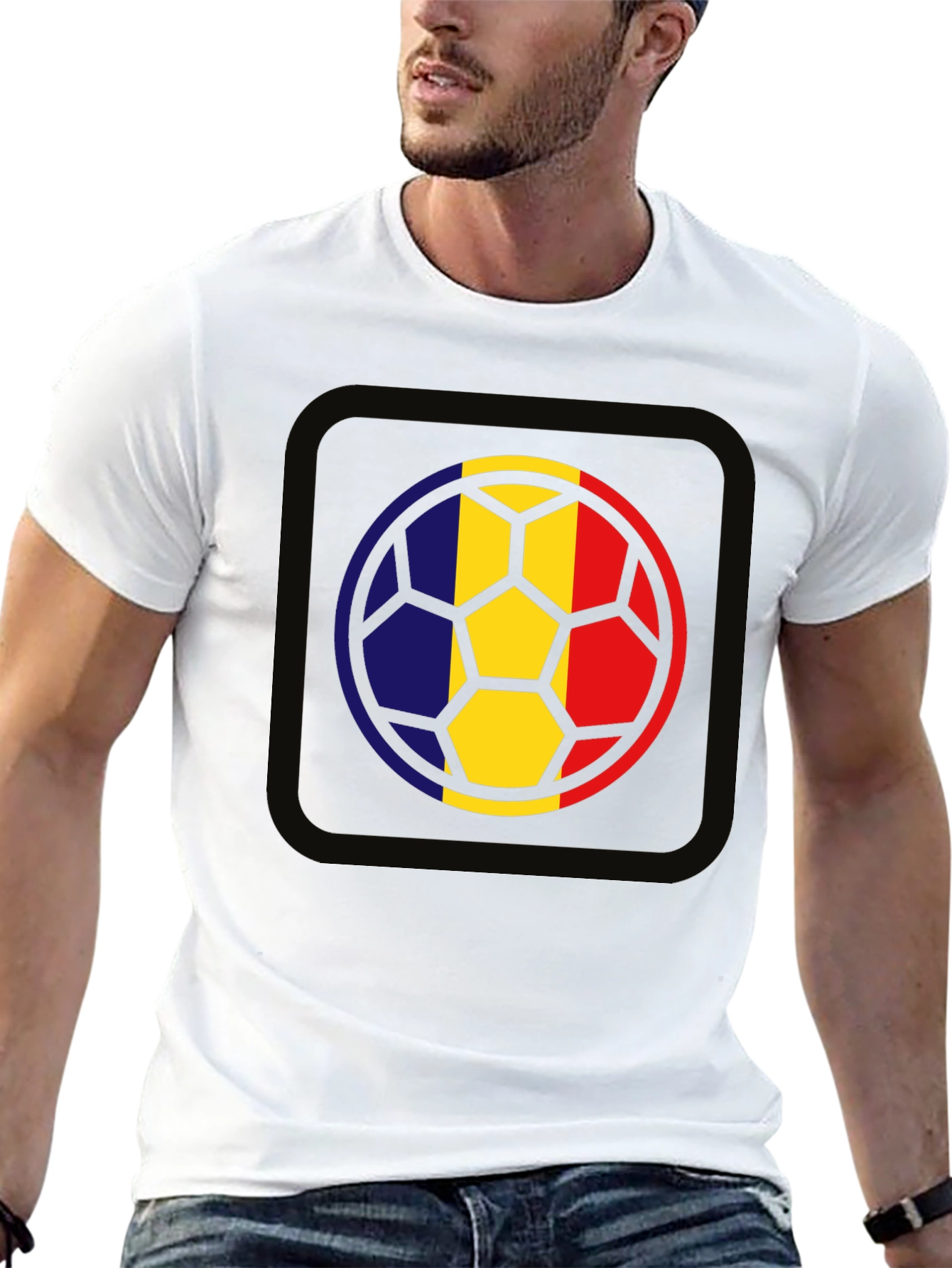 Romania Flag Soccer Ball Graphic Tee - Black