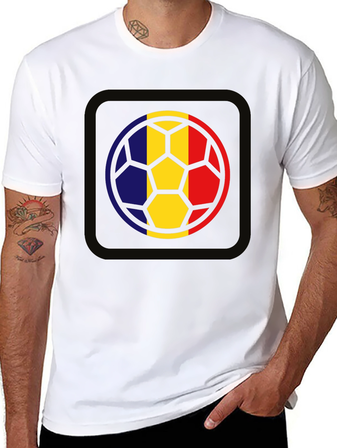 Romania Flag Soccer Ball Graphic Tee - Black