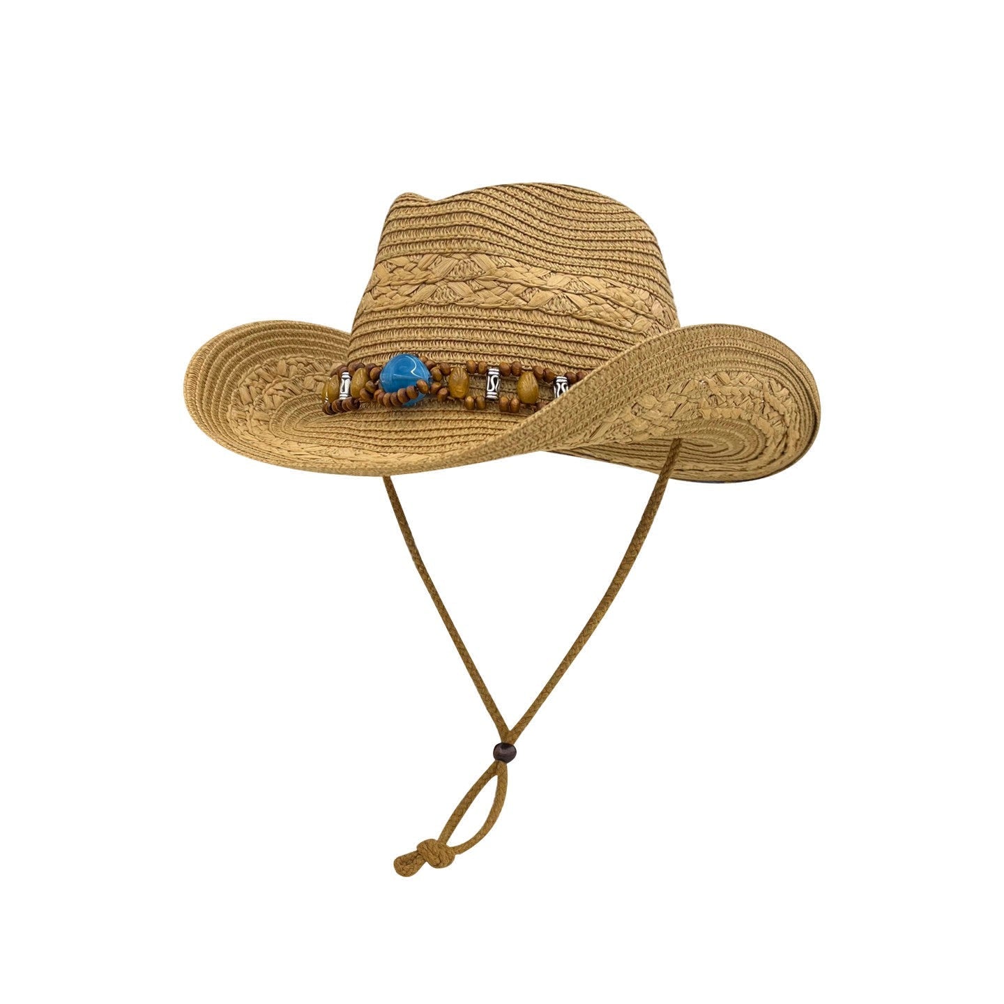 Straw Cowboy Hat with Beaded Band and Adjustable Chin Strap, Unisex Summer Sun Hat, Panama Jazz Style, 56-58cm Head Circumference