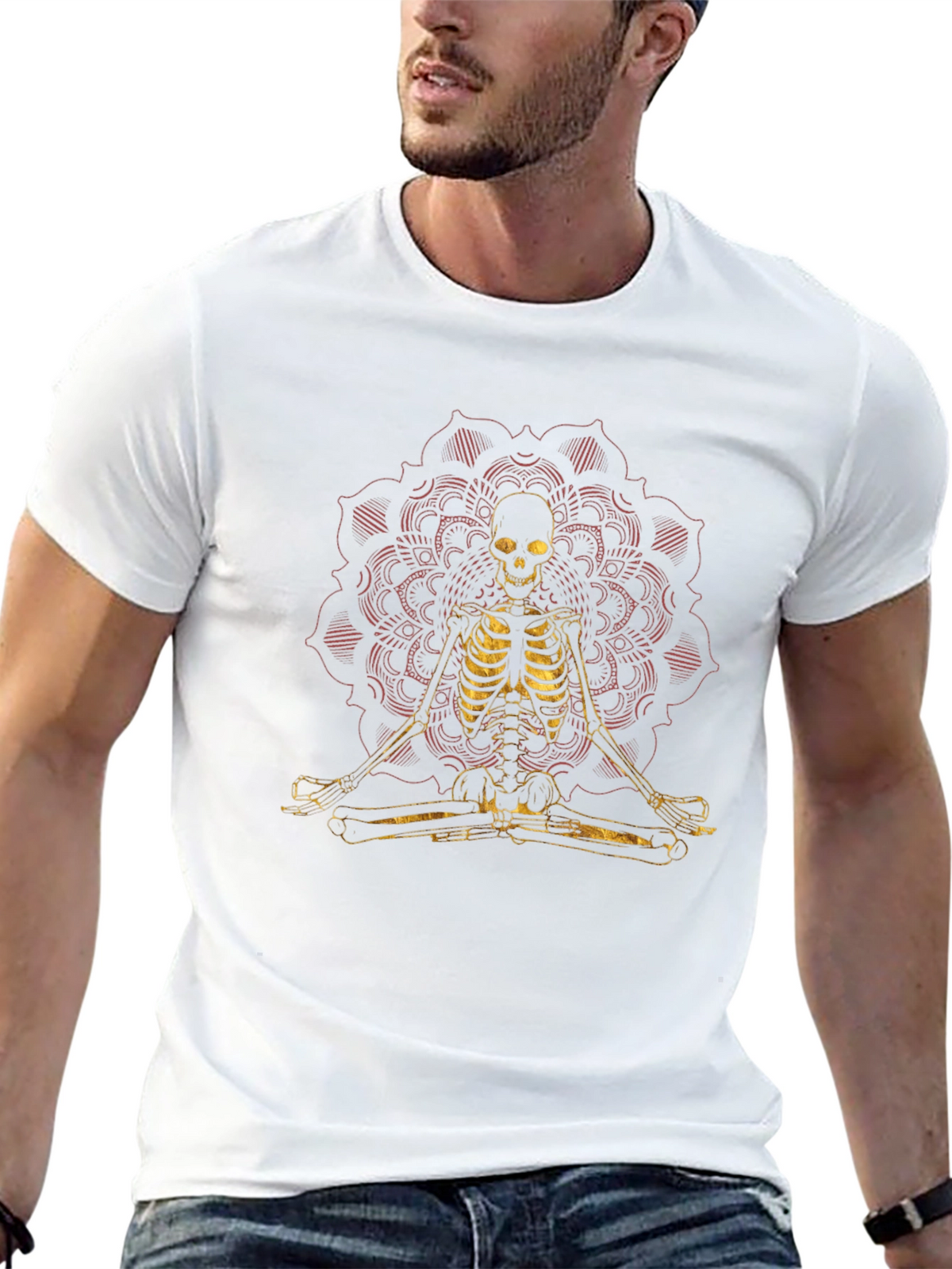 Meditating Skeleton Mandala Graphic Tee - Black