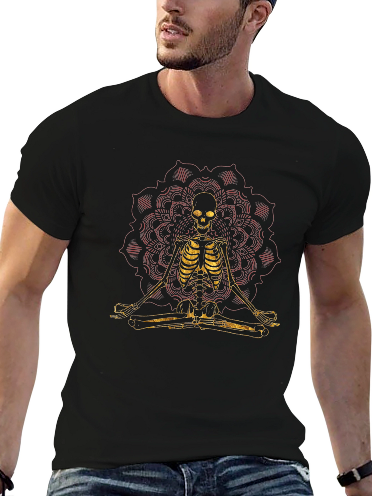 Meditating Skeleton Mandala Graphic Tee - Black