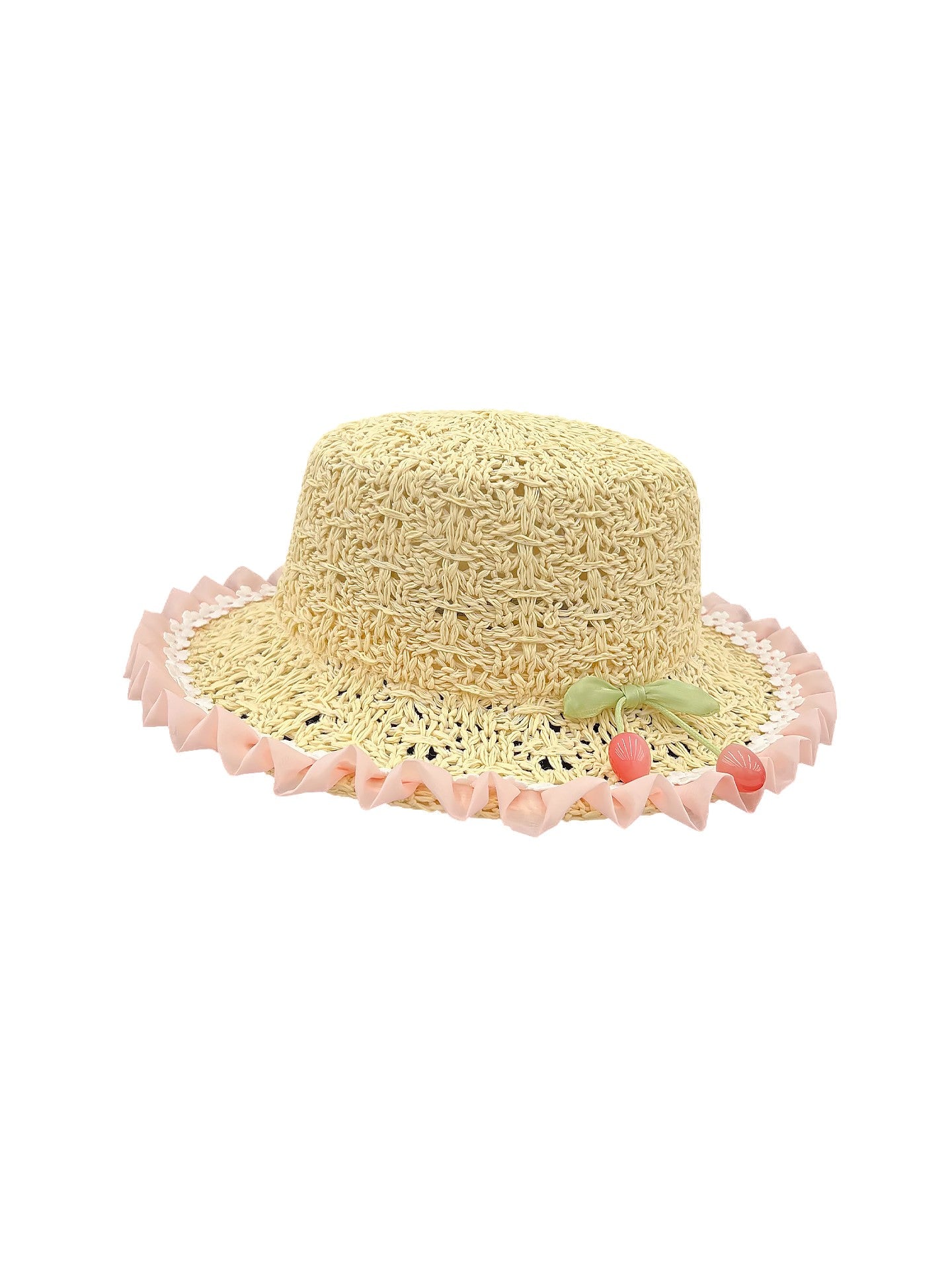 Women's Flat Top Straw Hat with Ruffled Brim and Cherry Detail for Sun Protection