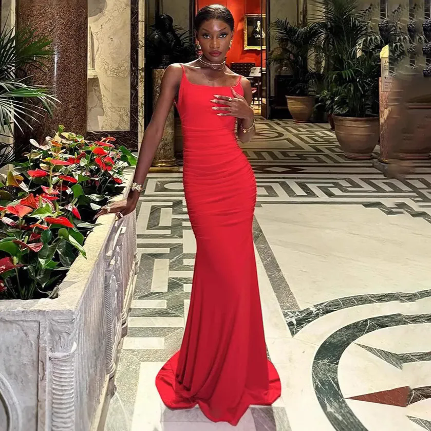 Women's Sexy Elegant Solid Color Spaghetti Strap Backless Slim-Fit Long Dress
