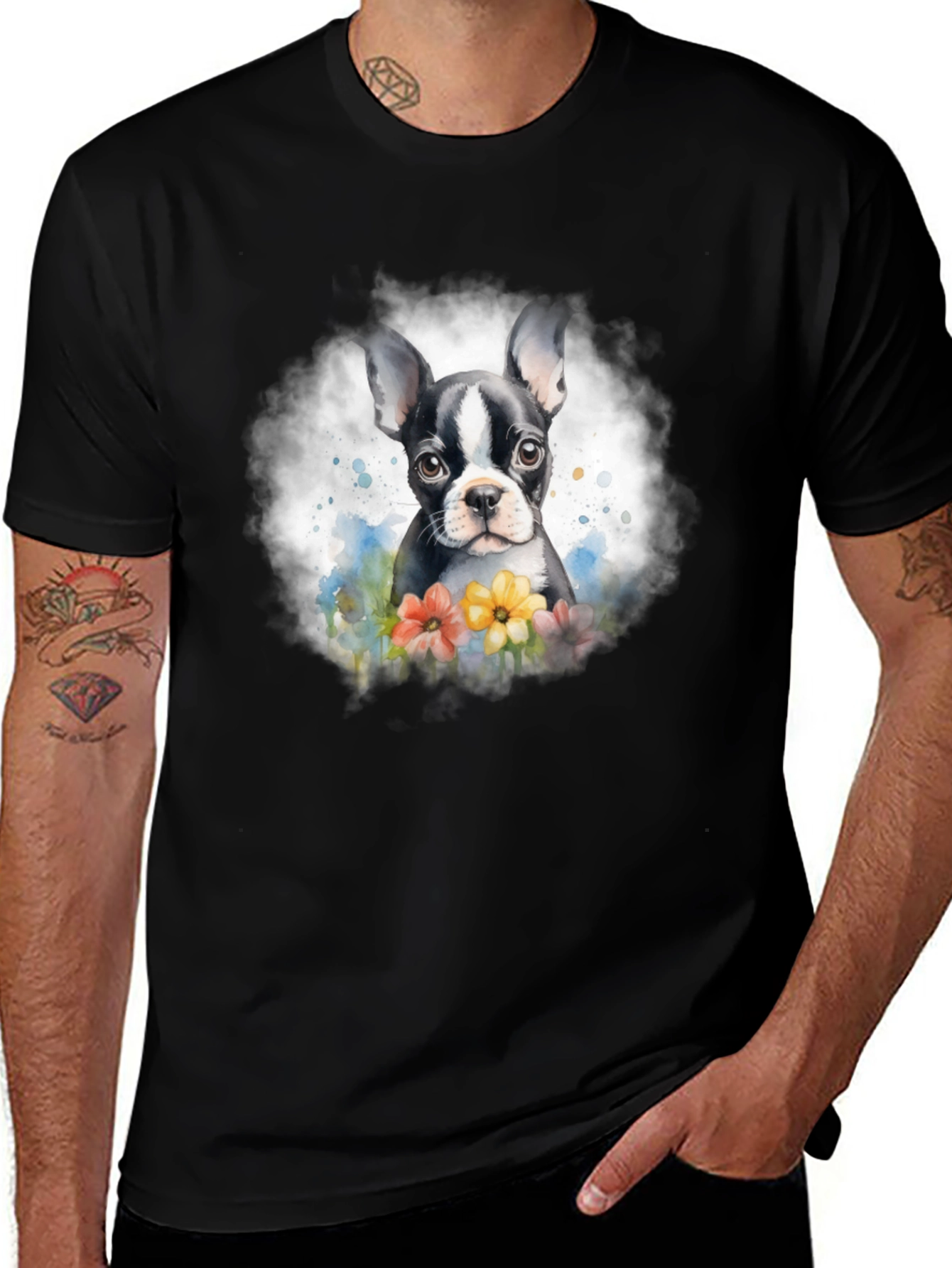 Boston Terrier Puppy Floral T-Shirt