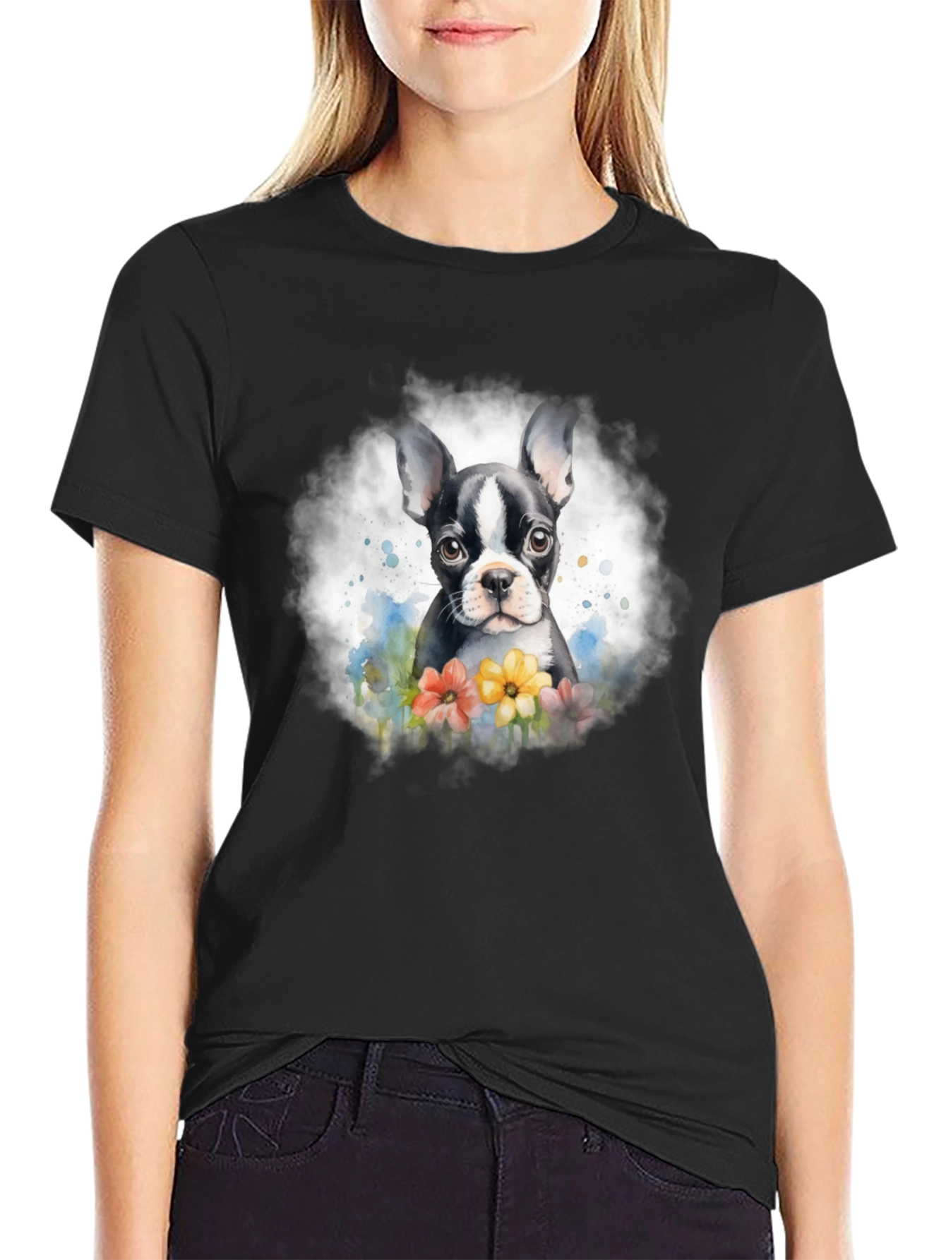 Boston Terrier Puppy Floral T-Shirt