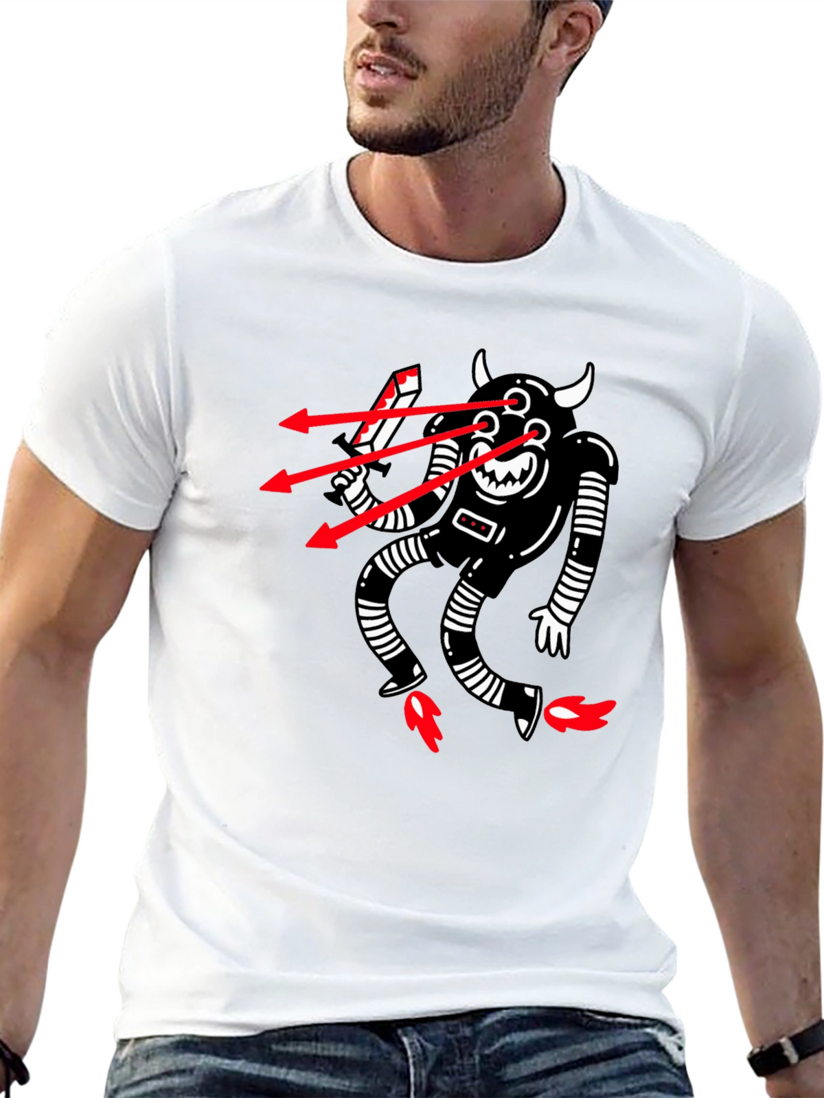 Mens Black T-Shirt with Robot Devil Graphic