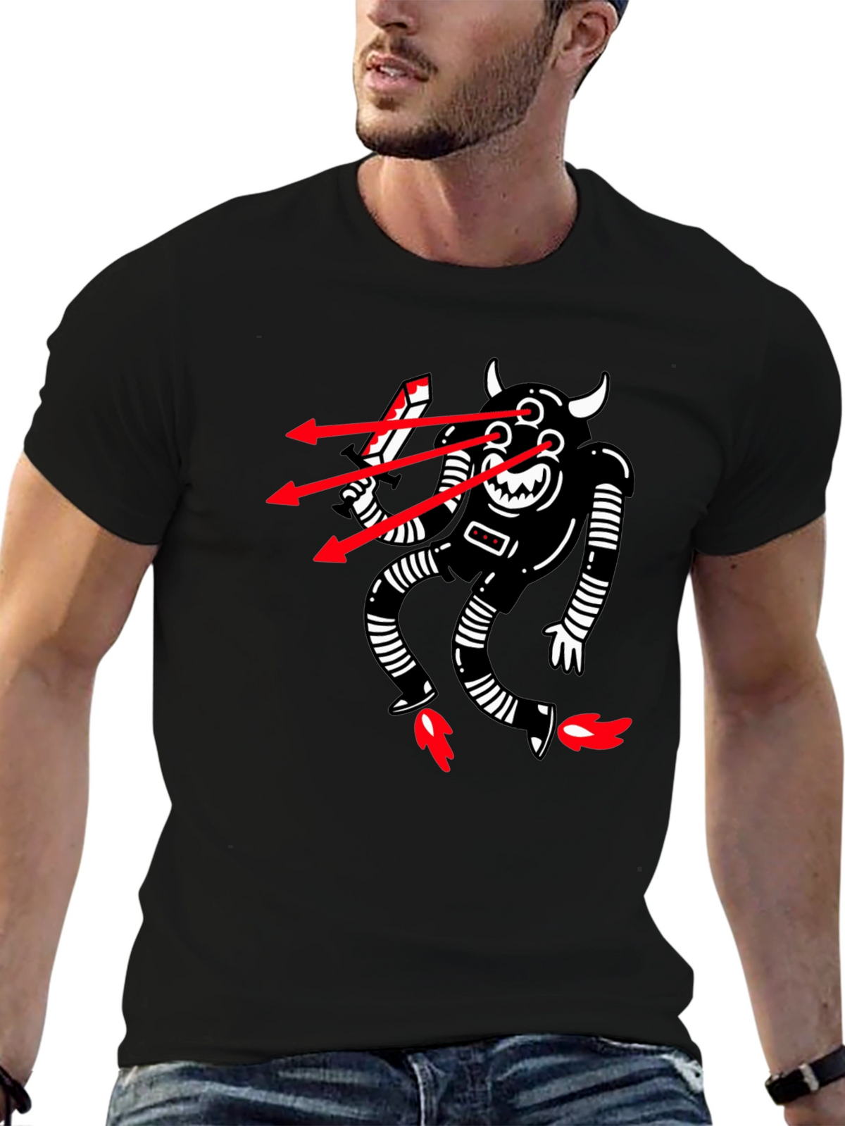 Mens Black T-Shirt with Robot Devil Graphic