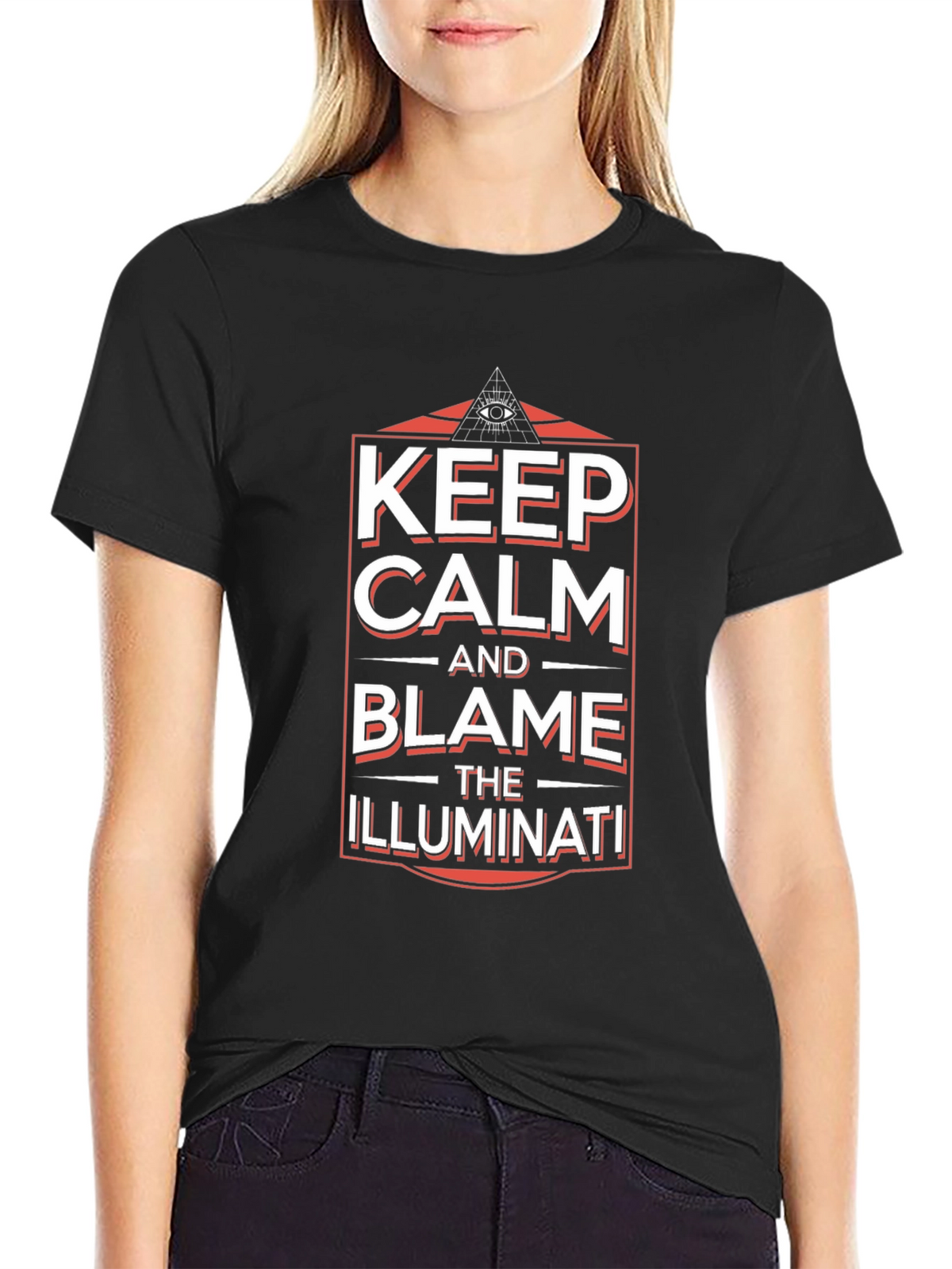 Keep Calm and Blame Illuminati Black Graphic T-Shirt