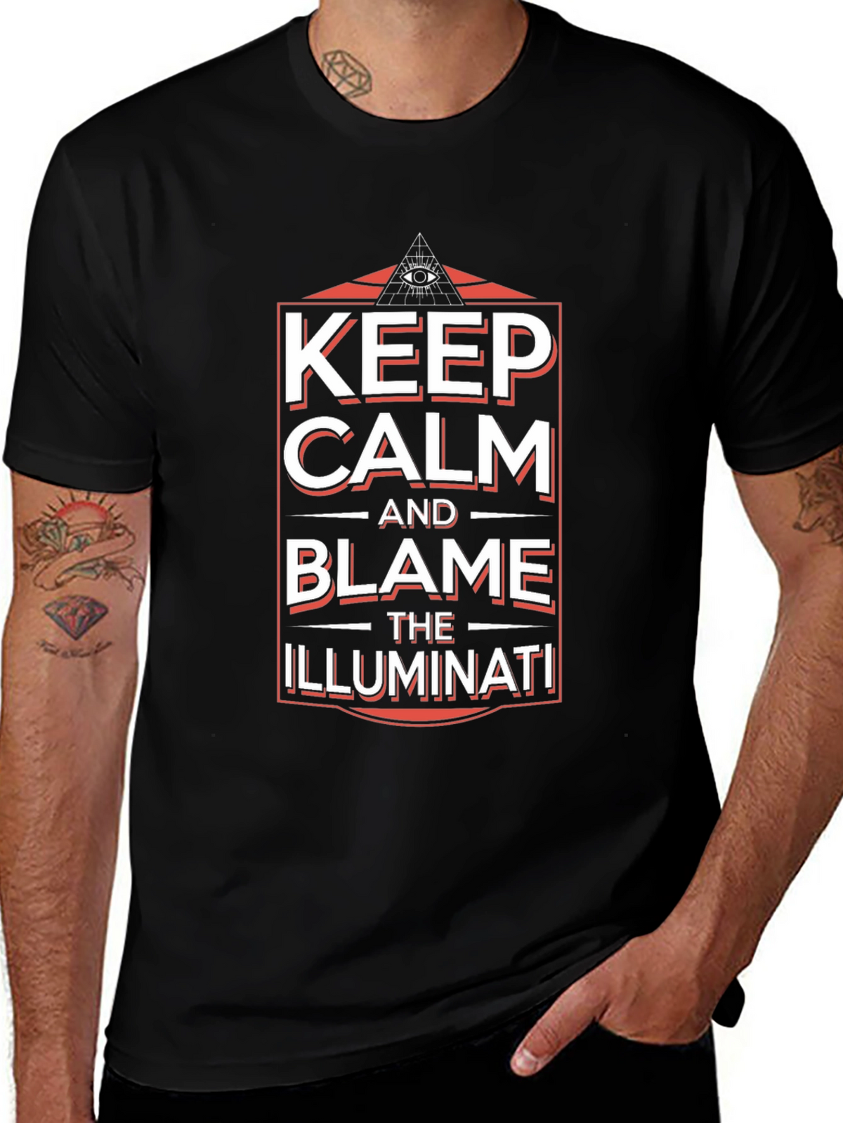 Keep Calm and Blame Illuminati Black Graphic T-Shirt