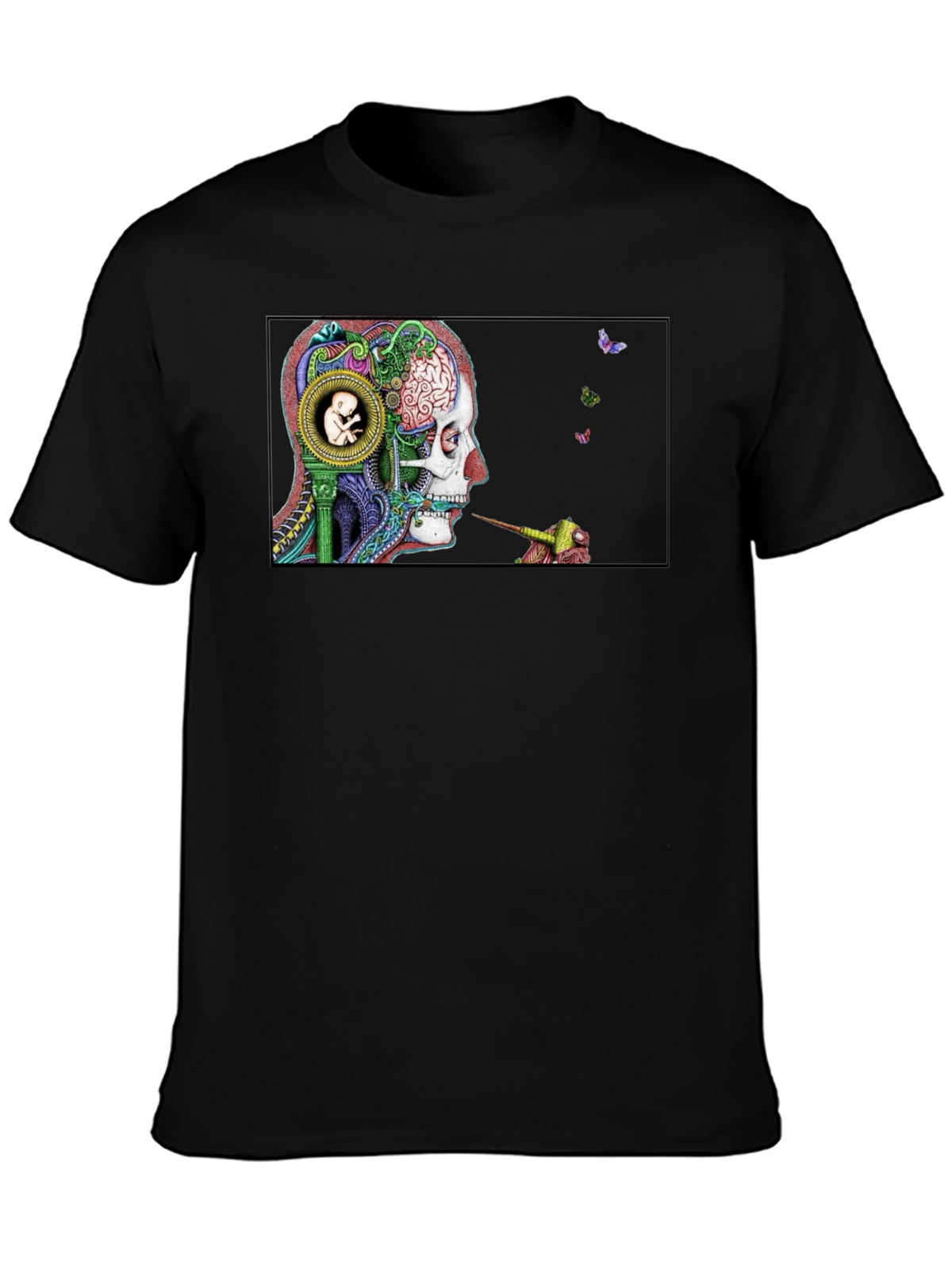 Intricate Brain Art T-Shirt - Skull and Embryo Design