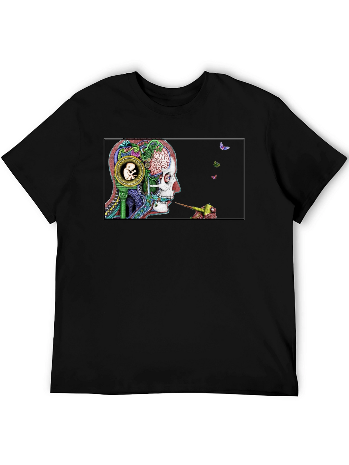 Intricate Brain Art T-Shirt - Skull and Embryo Design