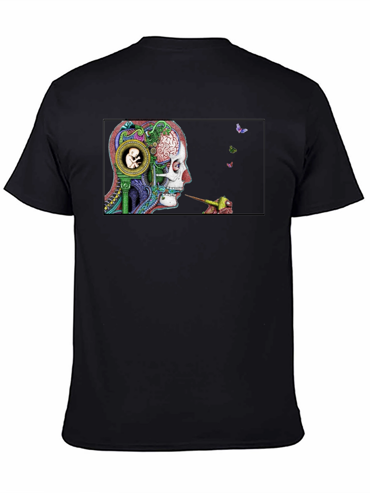 Intricate Brain Art T-Shirt - Skull and Embryo Design