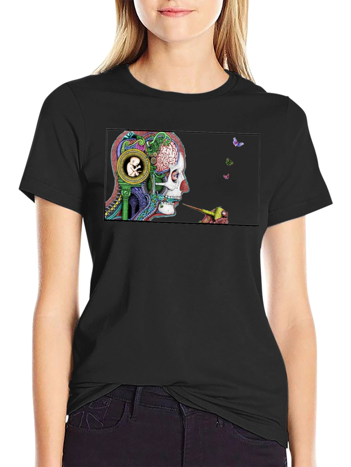 Intricate Brain Art T-Shirt - Skull and Embryo Design