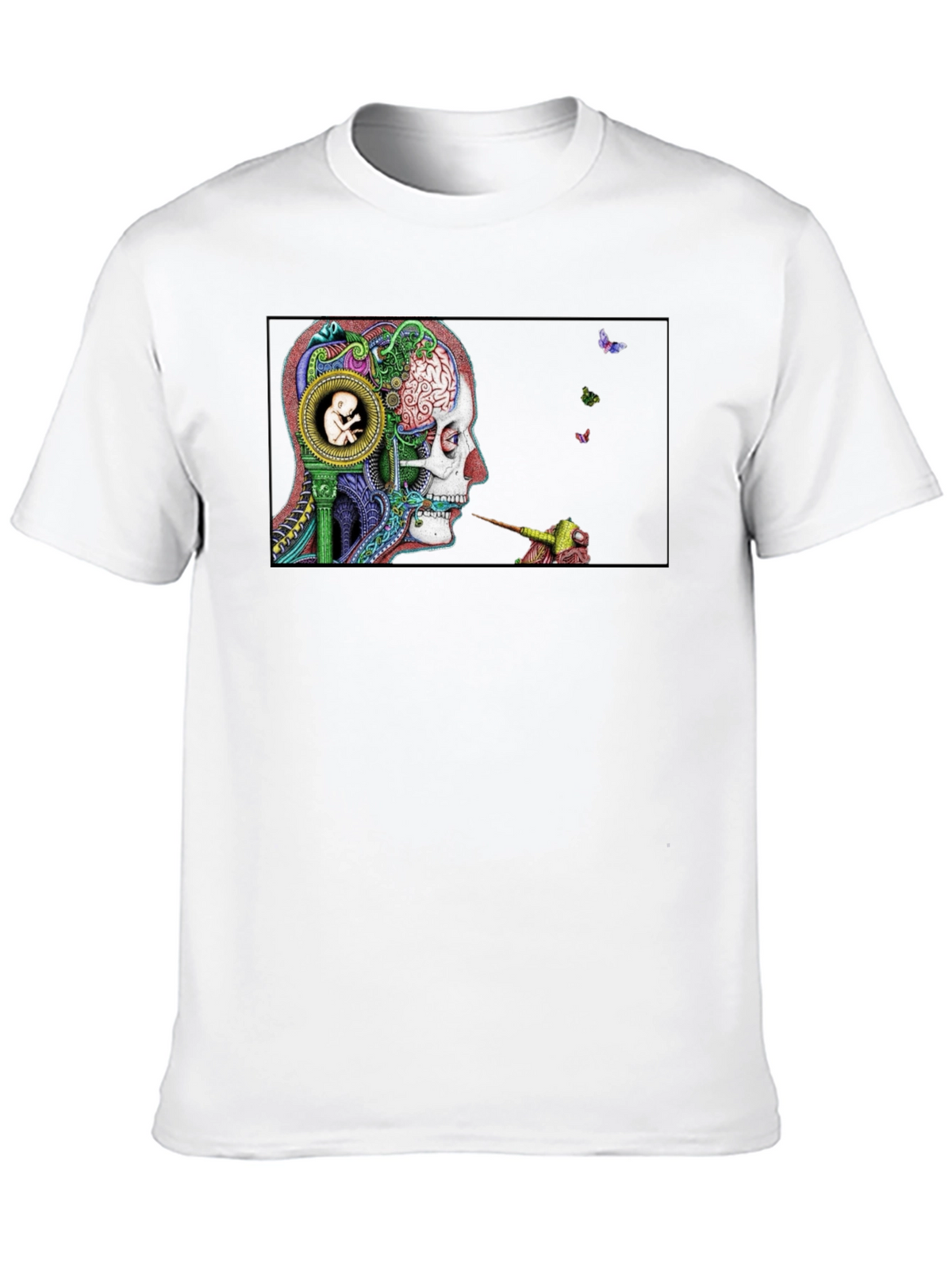 Intricate Brain Art T-Shirt - Skull and Embryo Design