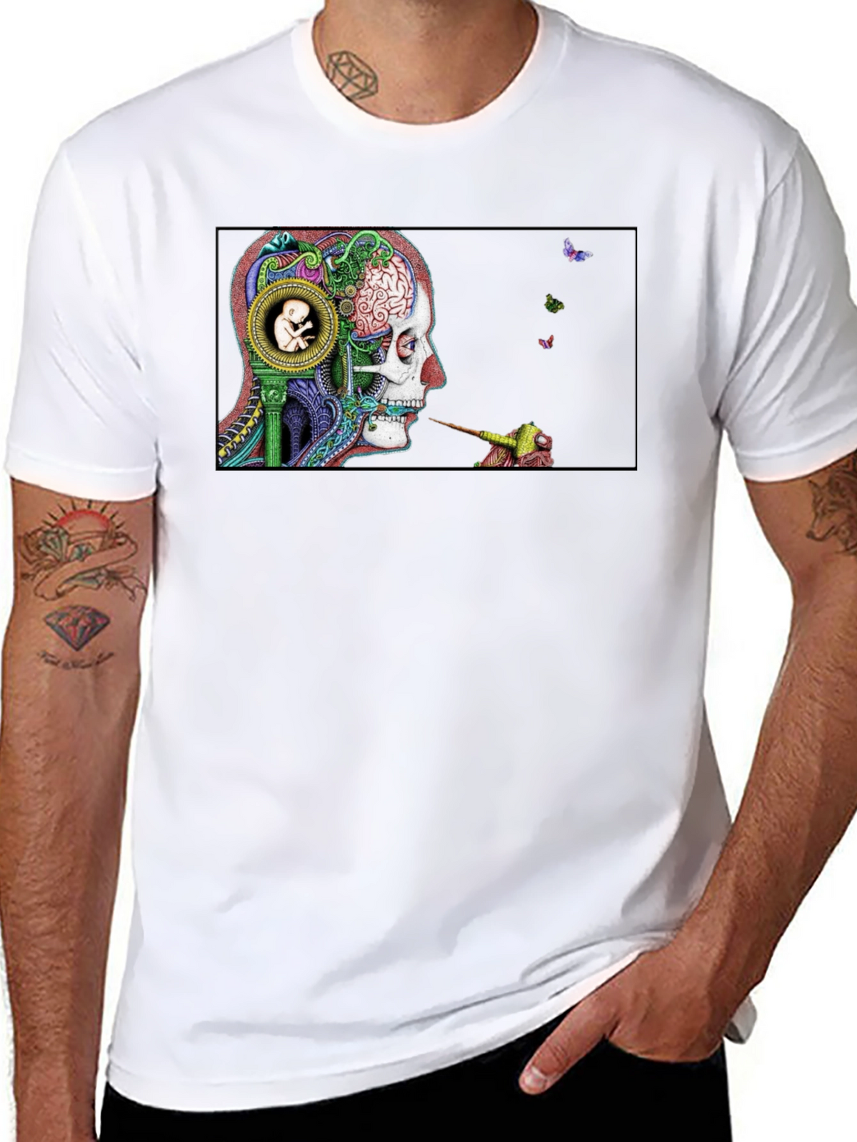 Intricate Brain Art T-Shirt - Skull and Embryo Design