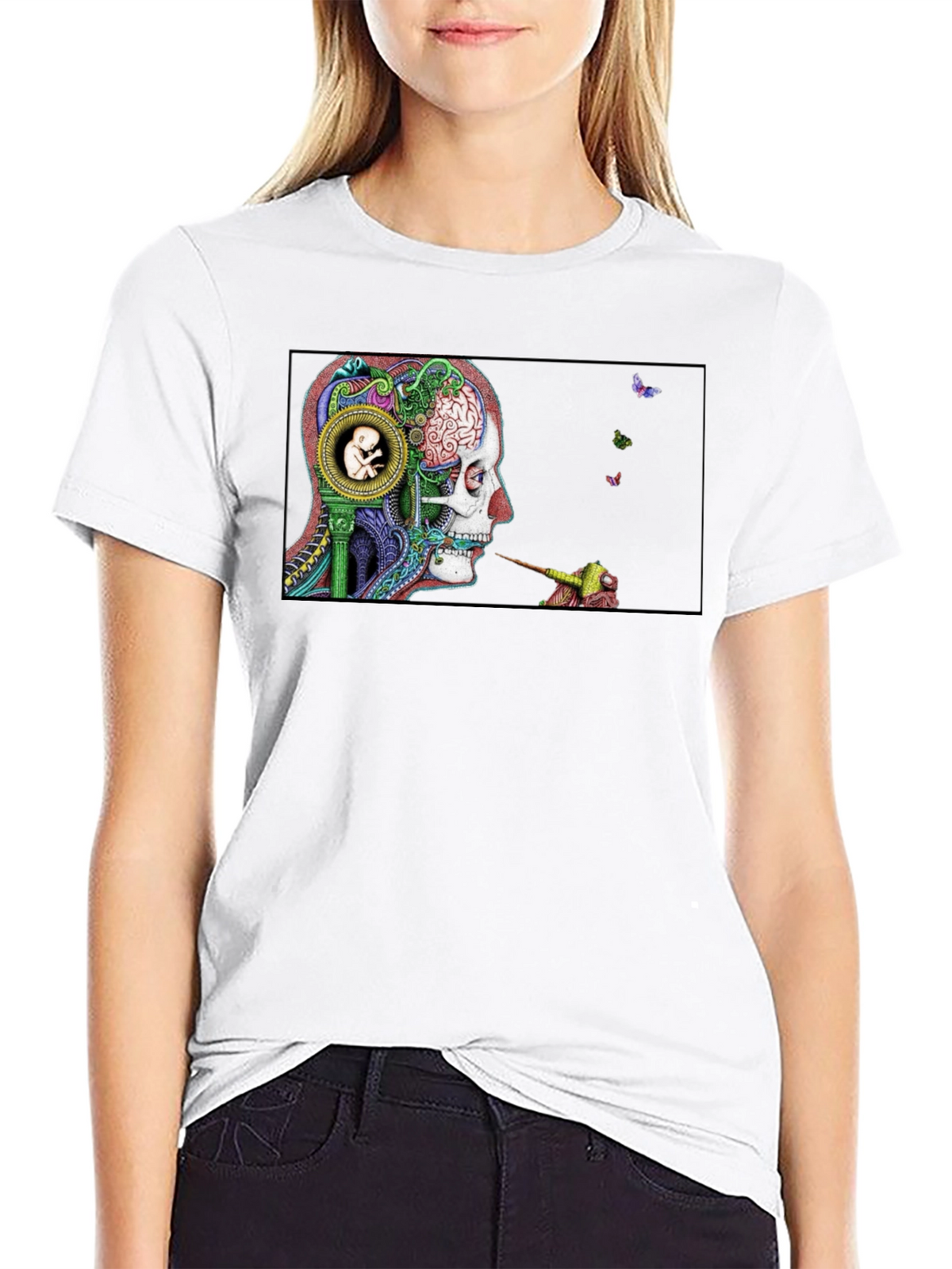 Intricate Brain Art T-Shirt - Skull and Embryo Design