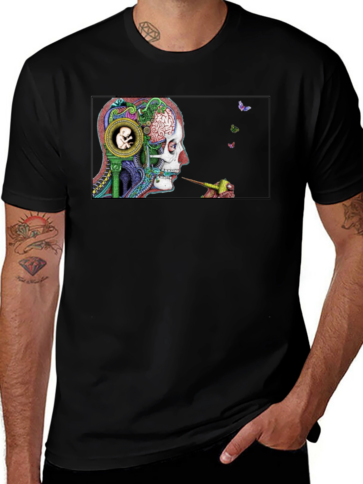 Intricate Brain Art T-Shirt - Skull and Embryo Design